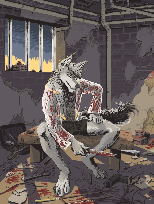 A bloodied wolf sits smirking in a dark room. There's blood all around and bloodied objects suggesting they were used for violence. I"m writing blood many times hoping that bluesky automod tags this properly as soon as it's posted. #furryart #tuskito_art