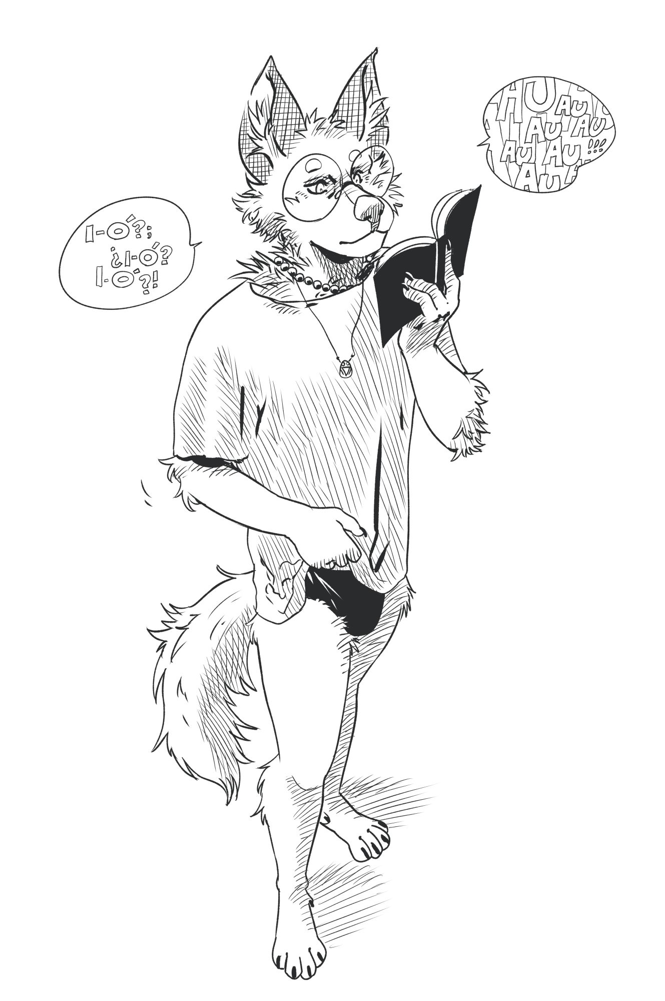 A wolf dressed in a shirt and briefs reads a book close to his face. He wears glasses and has a bead necklace and a muiraquitã. Speech bubbles say "i-ó?" and "auauau".