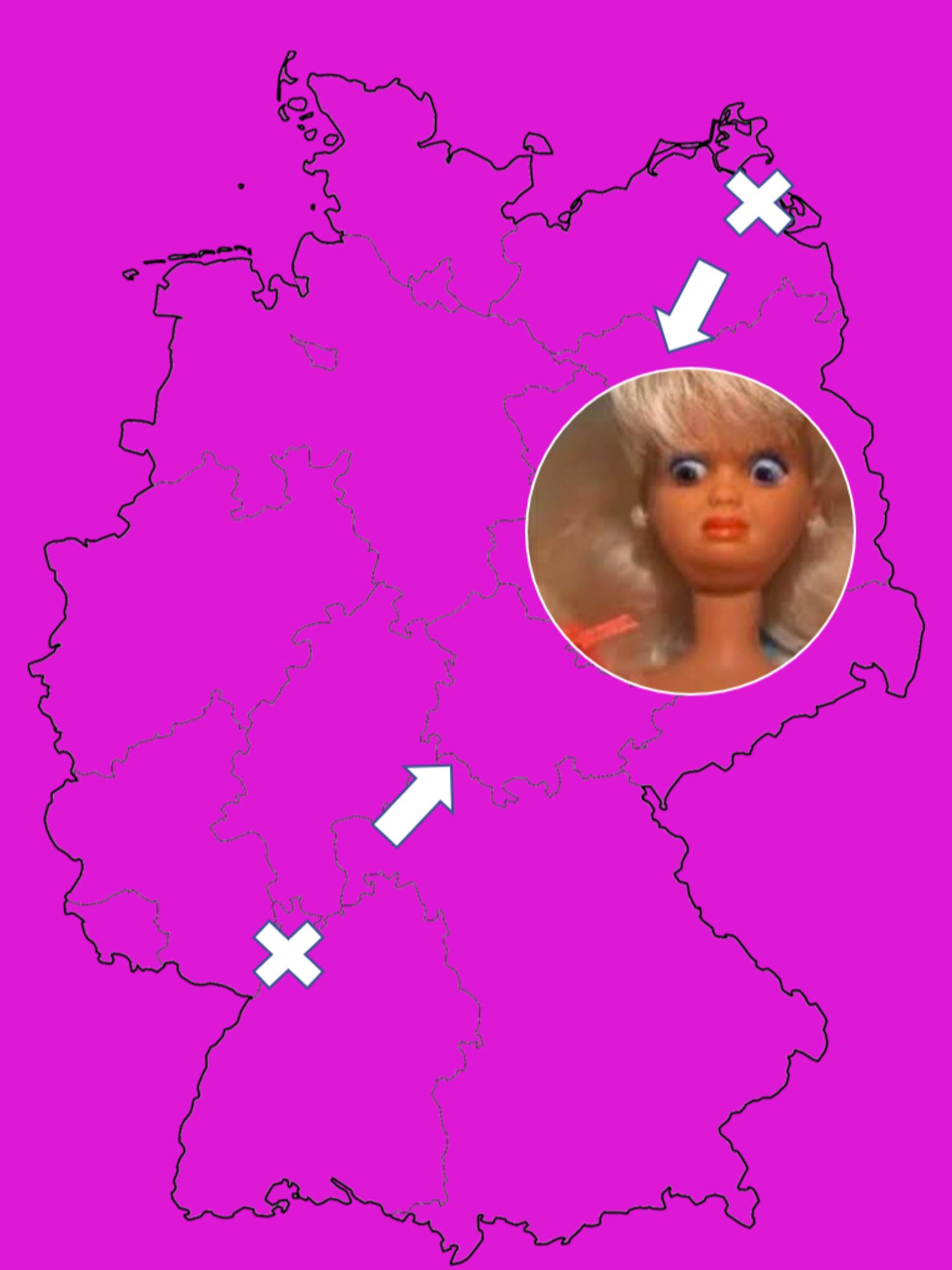 Umrisskarte Deutschland, Hintergrund in Pink, Markierungen Heidelberg und Greifswald, in Berlin ein Bild der Cringe-Barbie