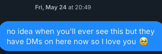 a message i sent on here in may, reading: "no idea when you'll ever see this but they have DMs on here now so I love you"