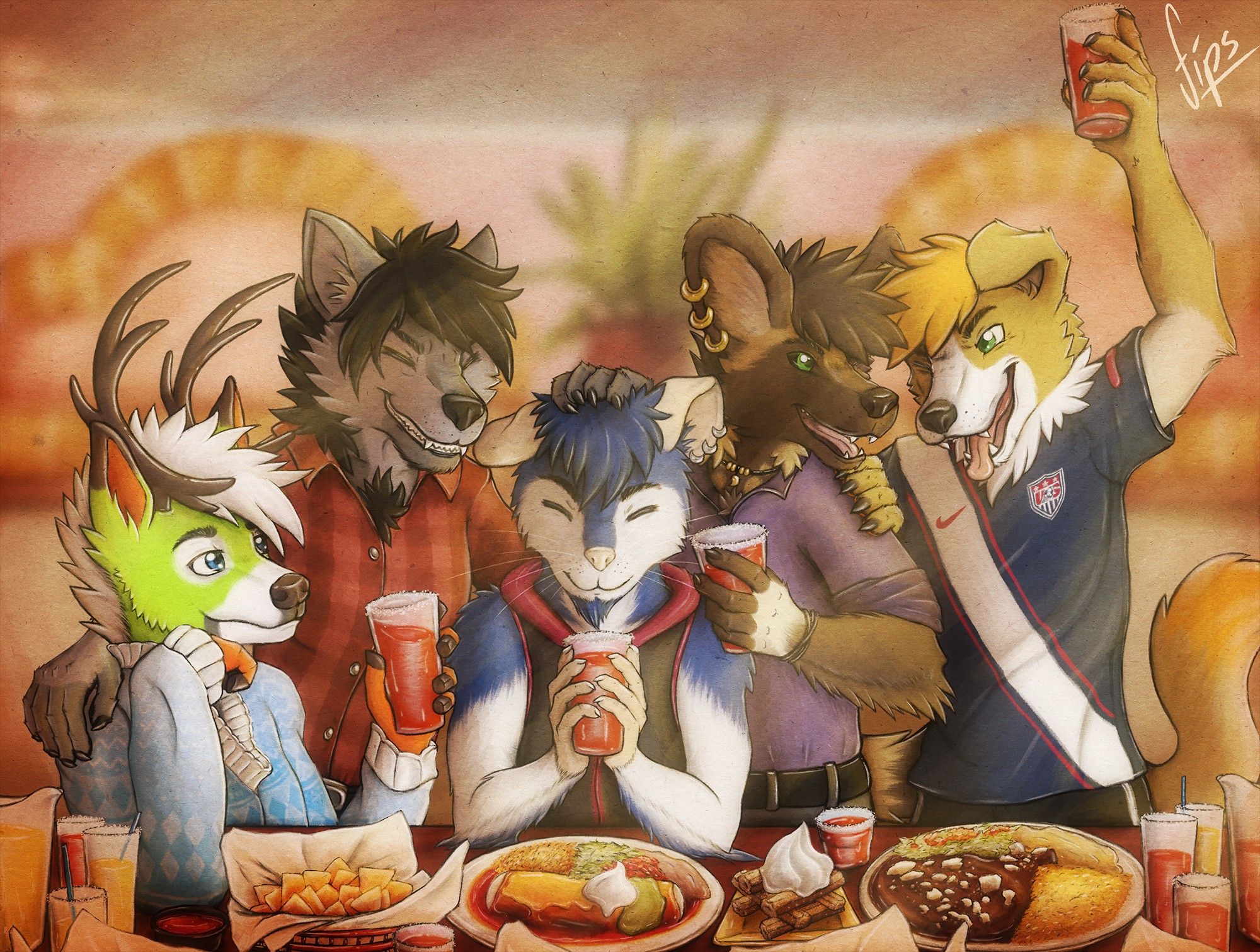 Five furries partying in a mexican restaurant in colorado called "El Mirador"