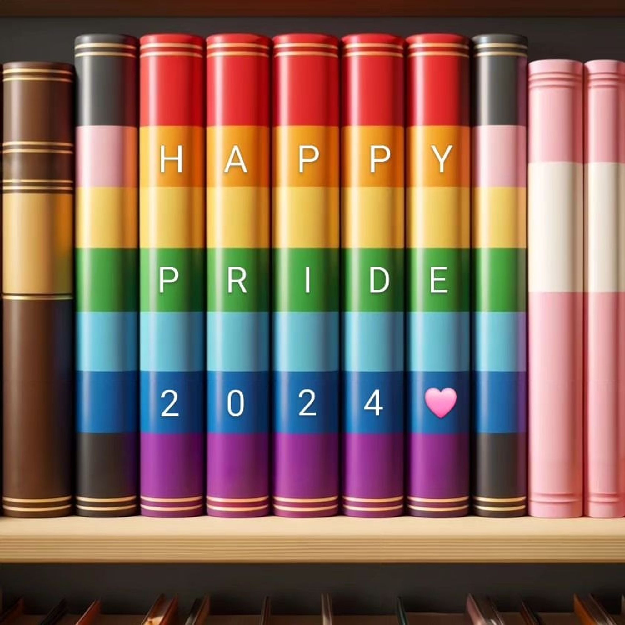 Colourful books whose spines spell out HAPPY PRIDE 2024 🩷