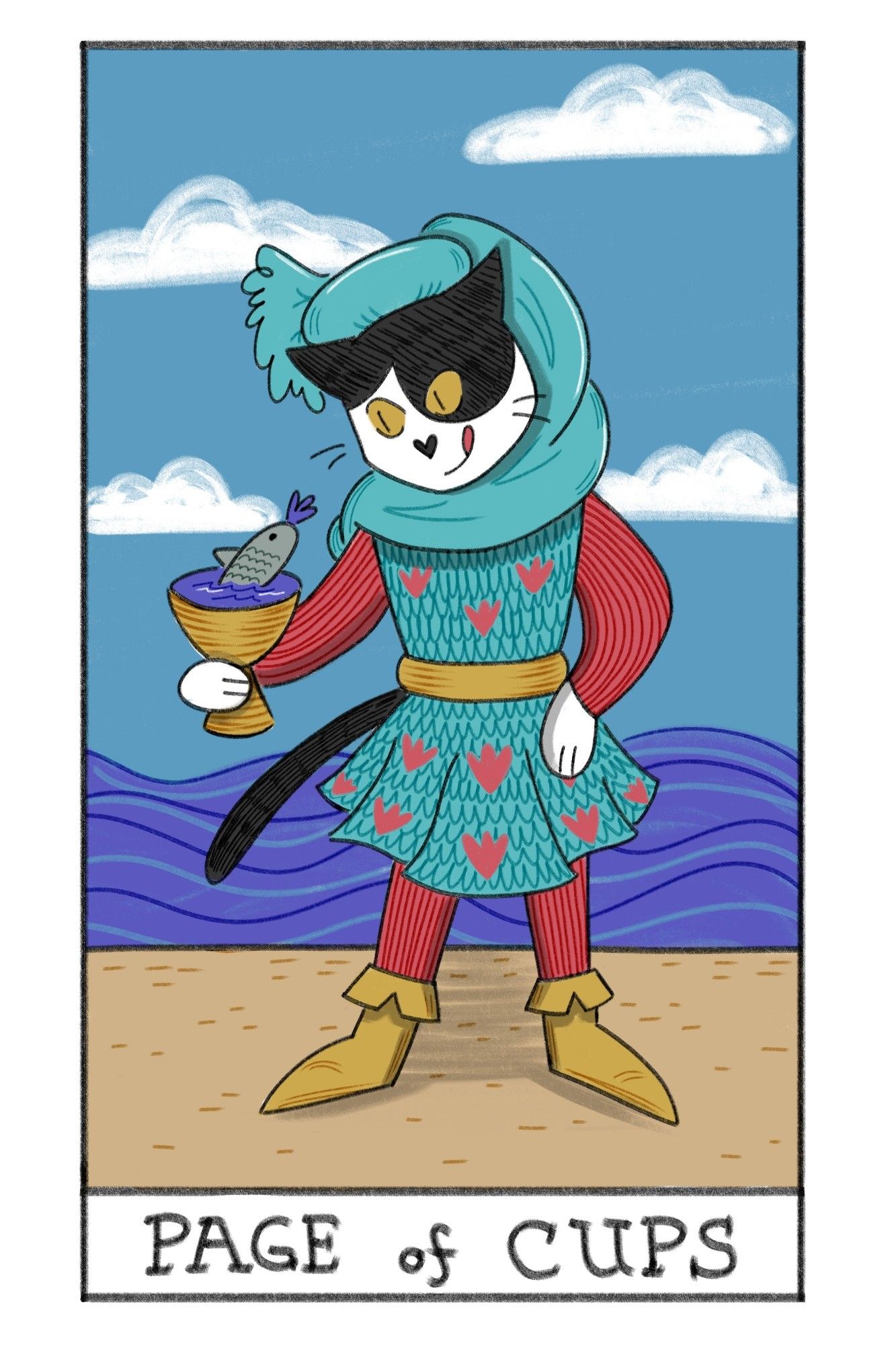 Illustration of Page of Cups tarot card with my cat dressed up as the Page, standing on a beach and holding a cup with a fish in it.