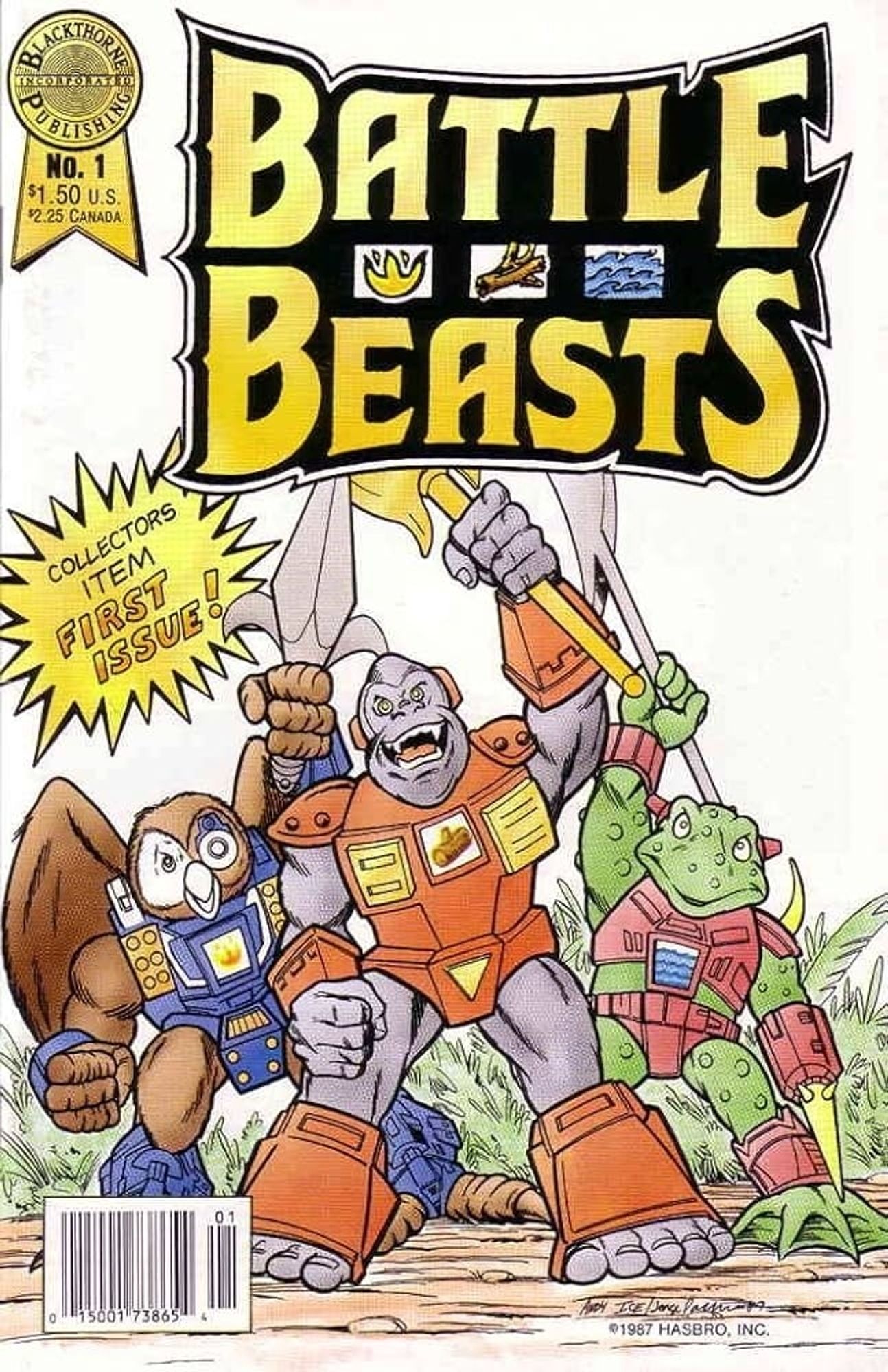 Comic cover of Battle Beasts #1 
1987
A group of Beastformers (owl, gorilla, and frog) stand together with weapons in the air. They're cybernetic animal people