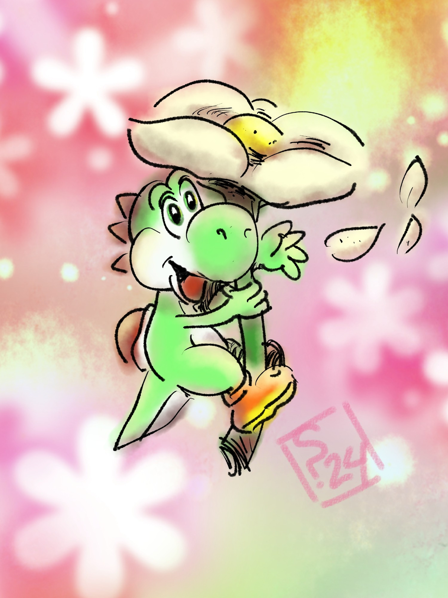 A digital watercolor illustration of Yoshi the dinosaur riding a giant flower (by holding the stem). They're smiling grasping at floating petals.