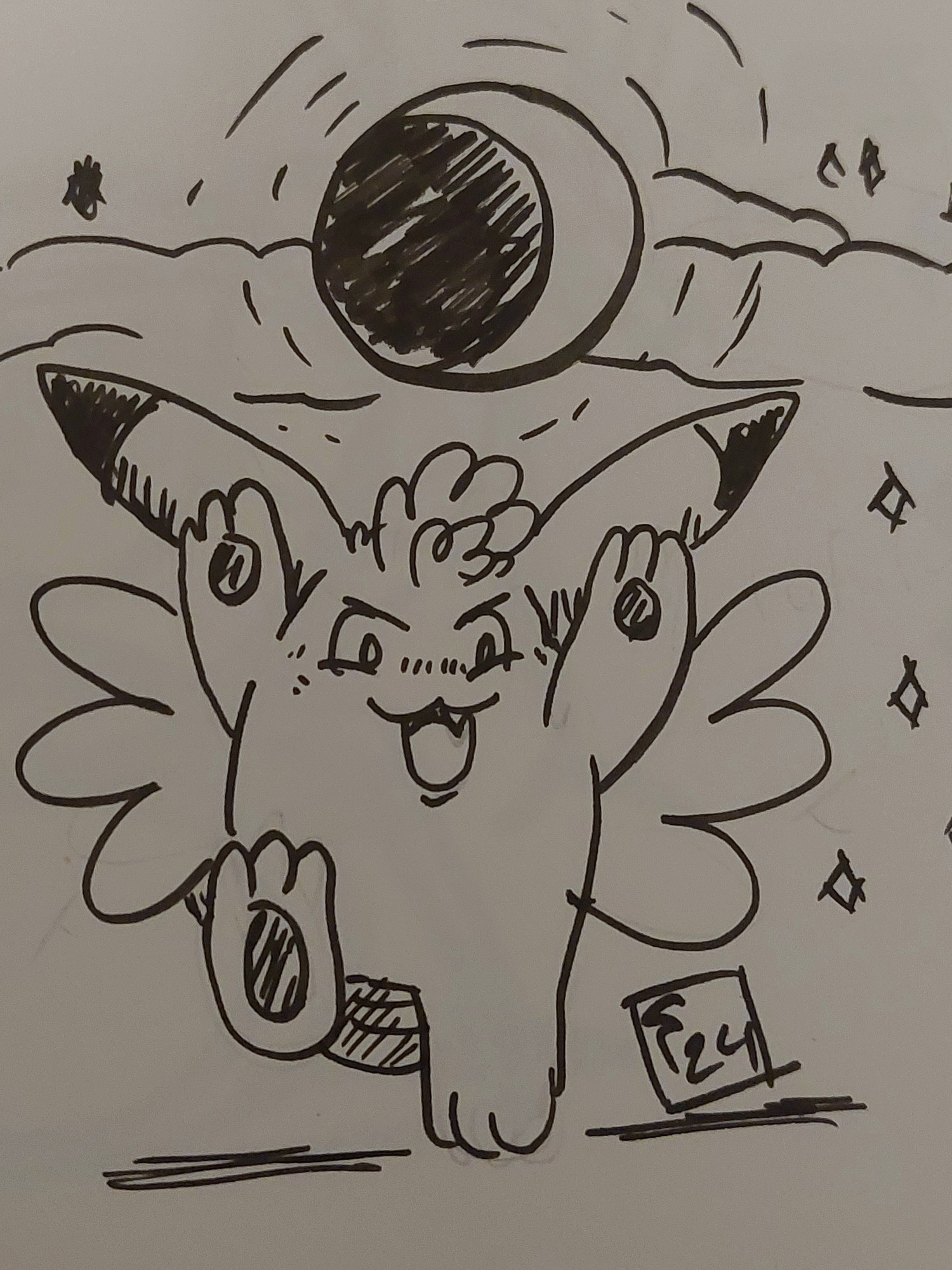 A sketch of a Clefable with curly hair and a mischievous smile. Her paws are up ready to throw a sparkly blast from the moon above