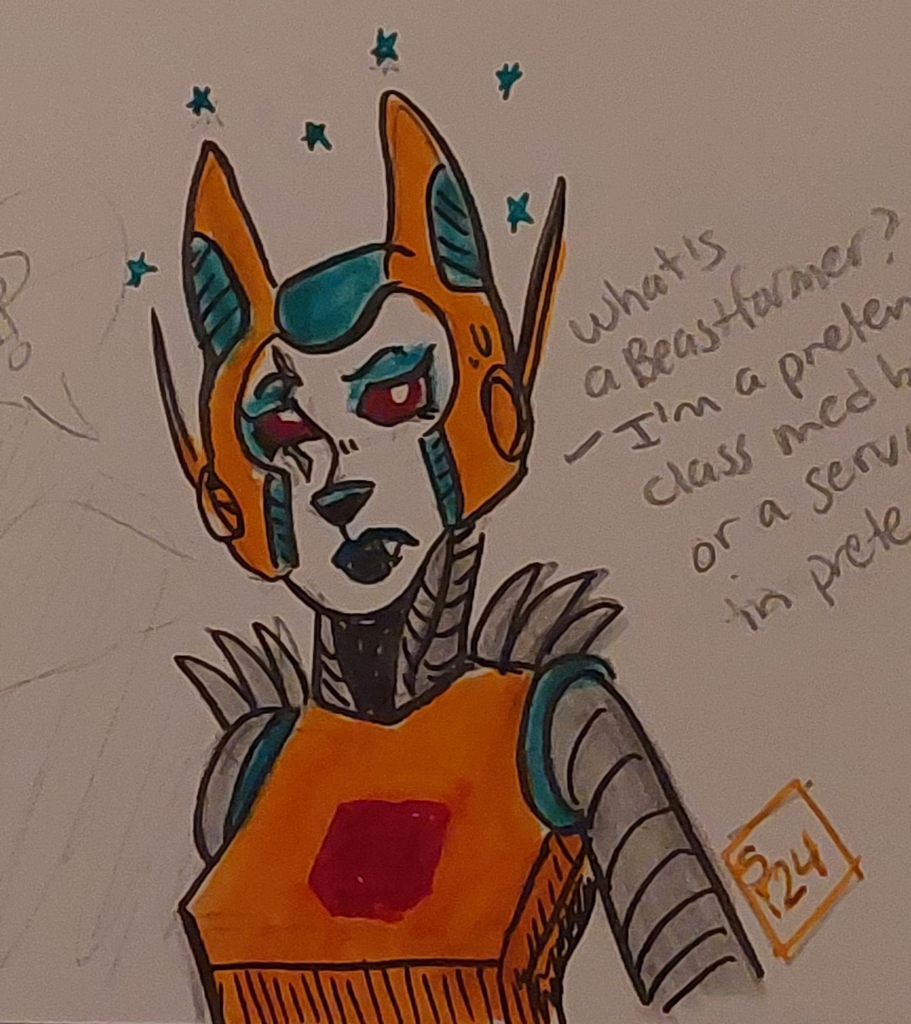 A colored sketch of a Transformer oc that has a dog like face and red eyes. Her armor is light orange with teal highlights.