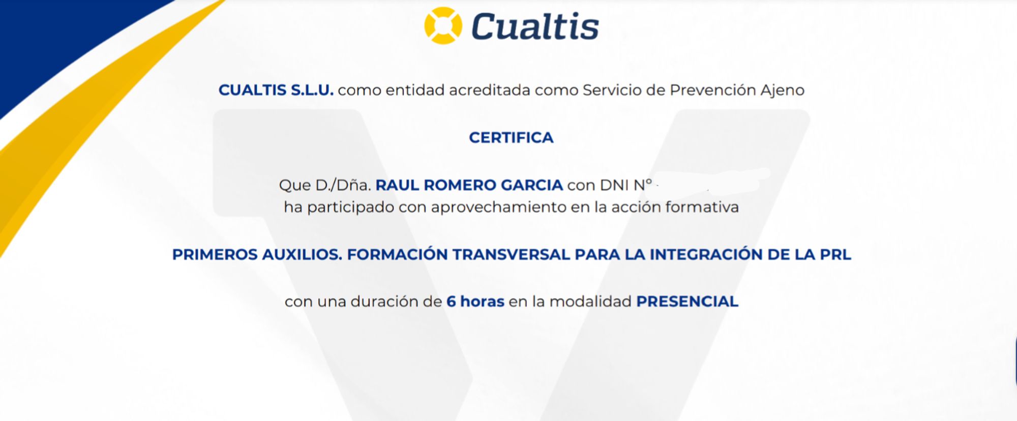 Captura del certificat de primers auxilis per Cualtis