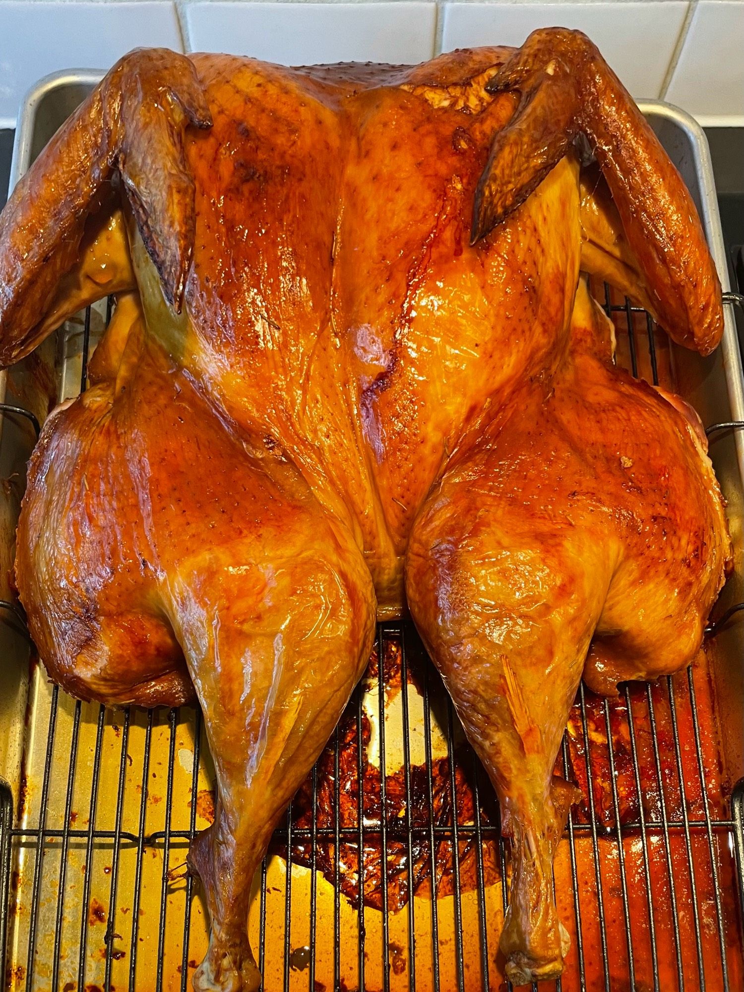 a spatchcocked turkey. it looks like a woman squeezing her thighs together to try not to per while also covering over her breasts.