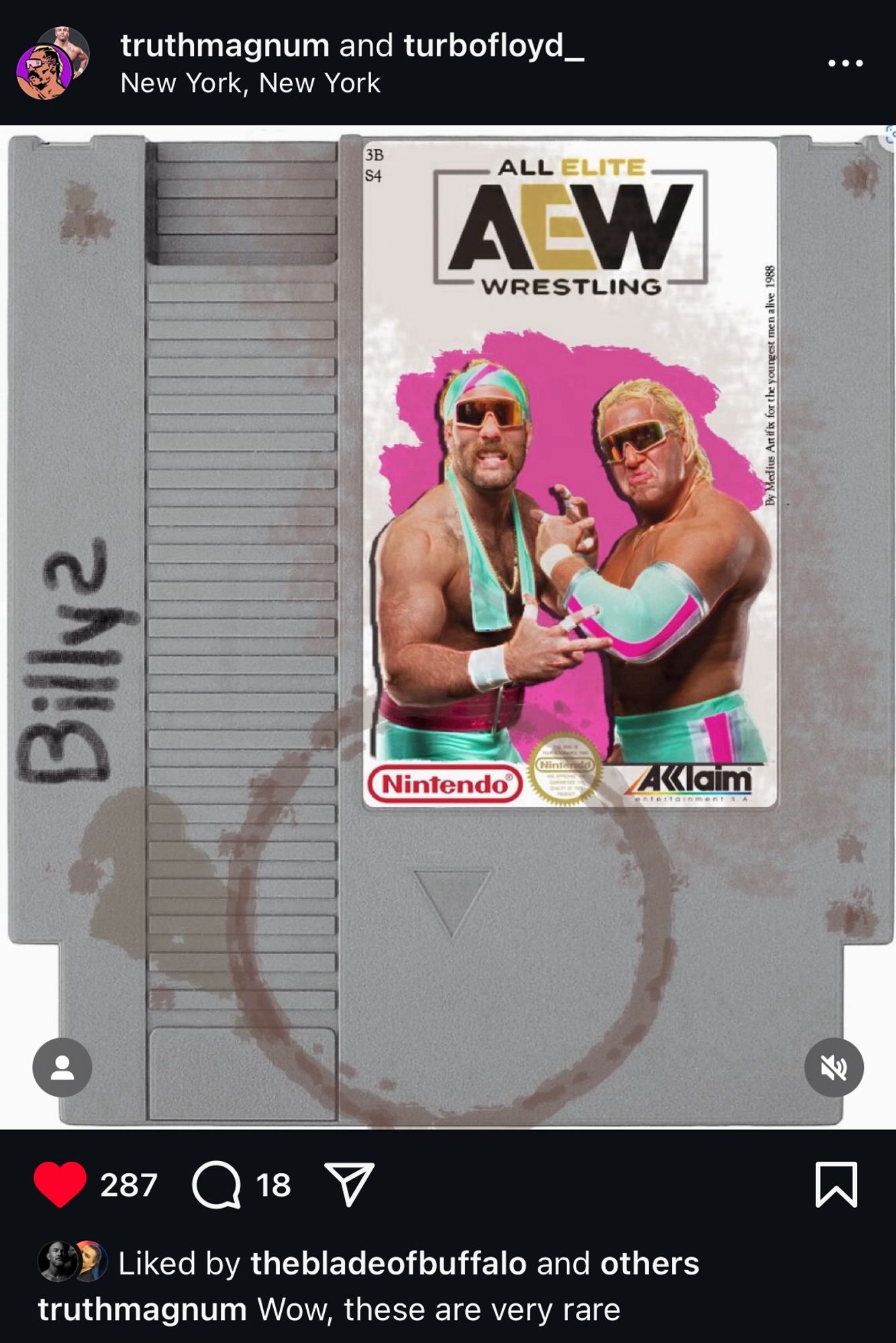 Instagram post of AEW Outrunners NES cartridge 
Caption: wow, these are very rare