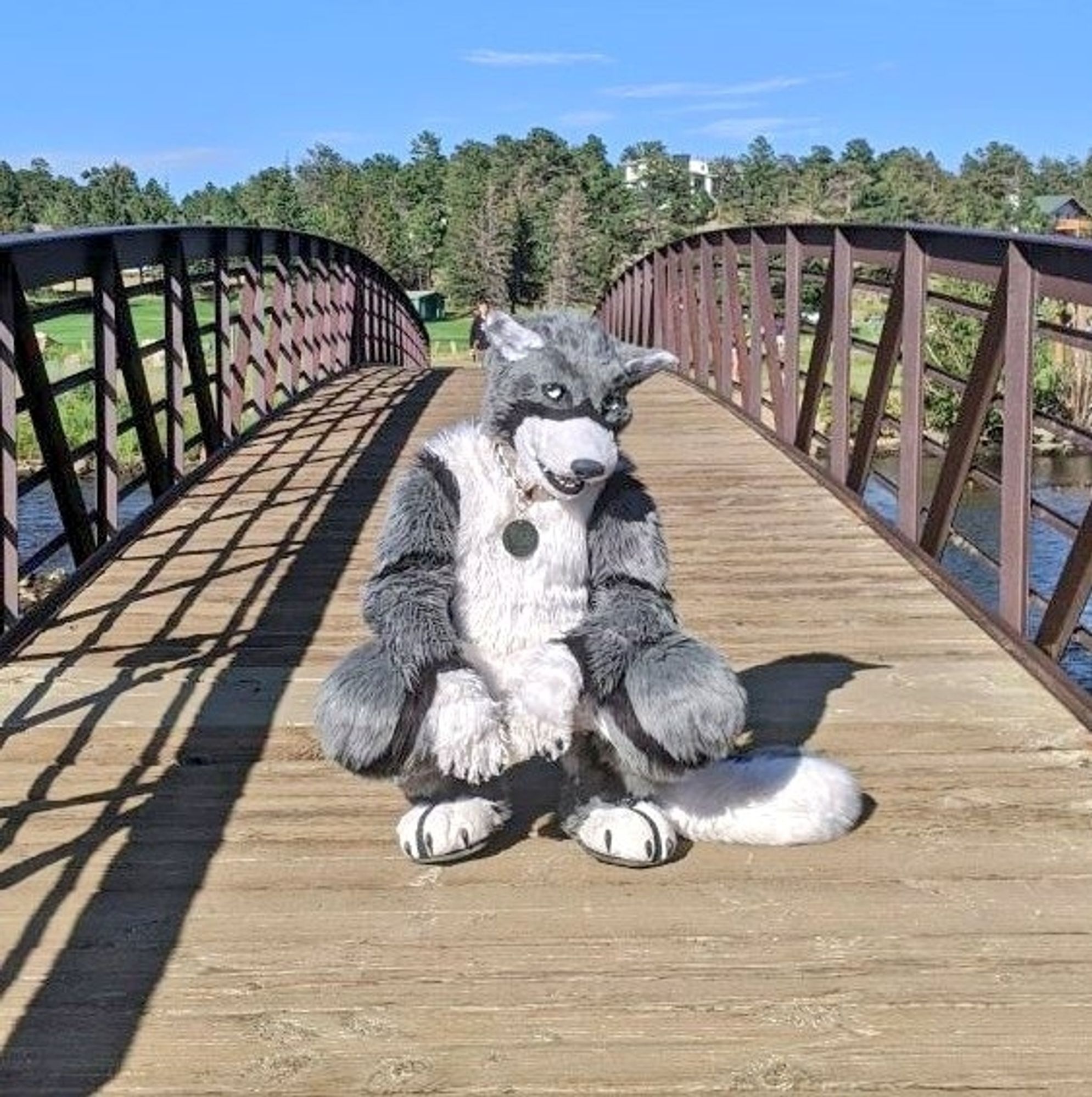 A wolf fursuiter blocking your path on the bridge! He's likely to move out of the way if you give him a hug, or ask politely, though.