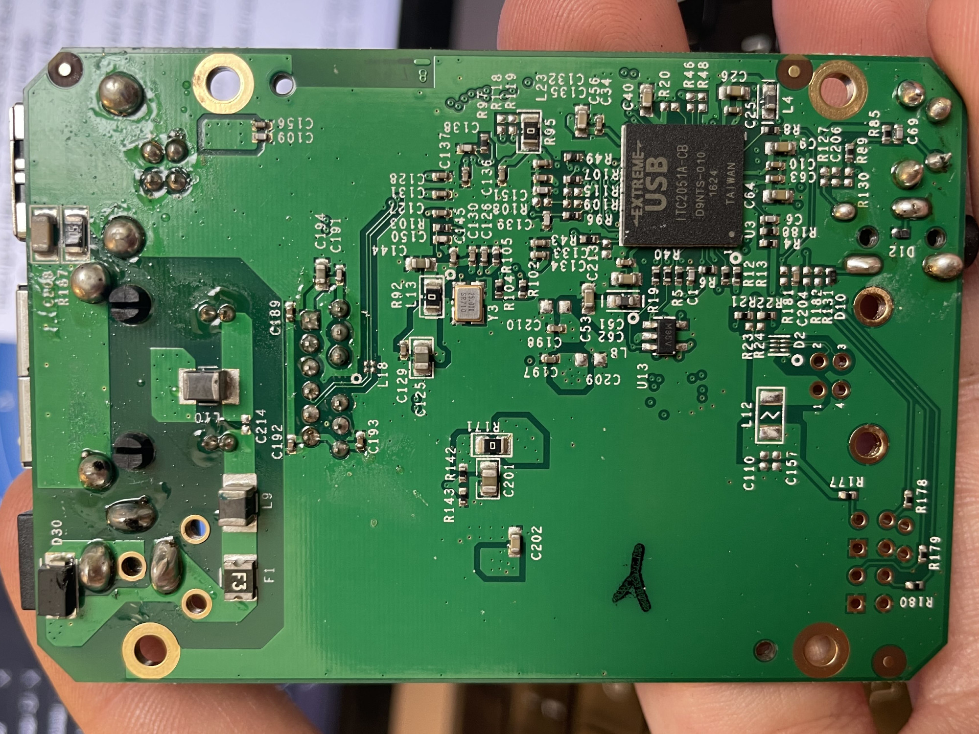 Bottom side of the PCB showing a "ITC205xA USB extension ASIC"