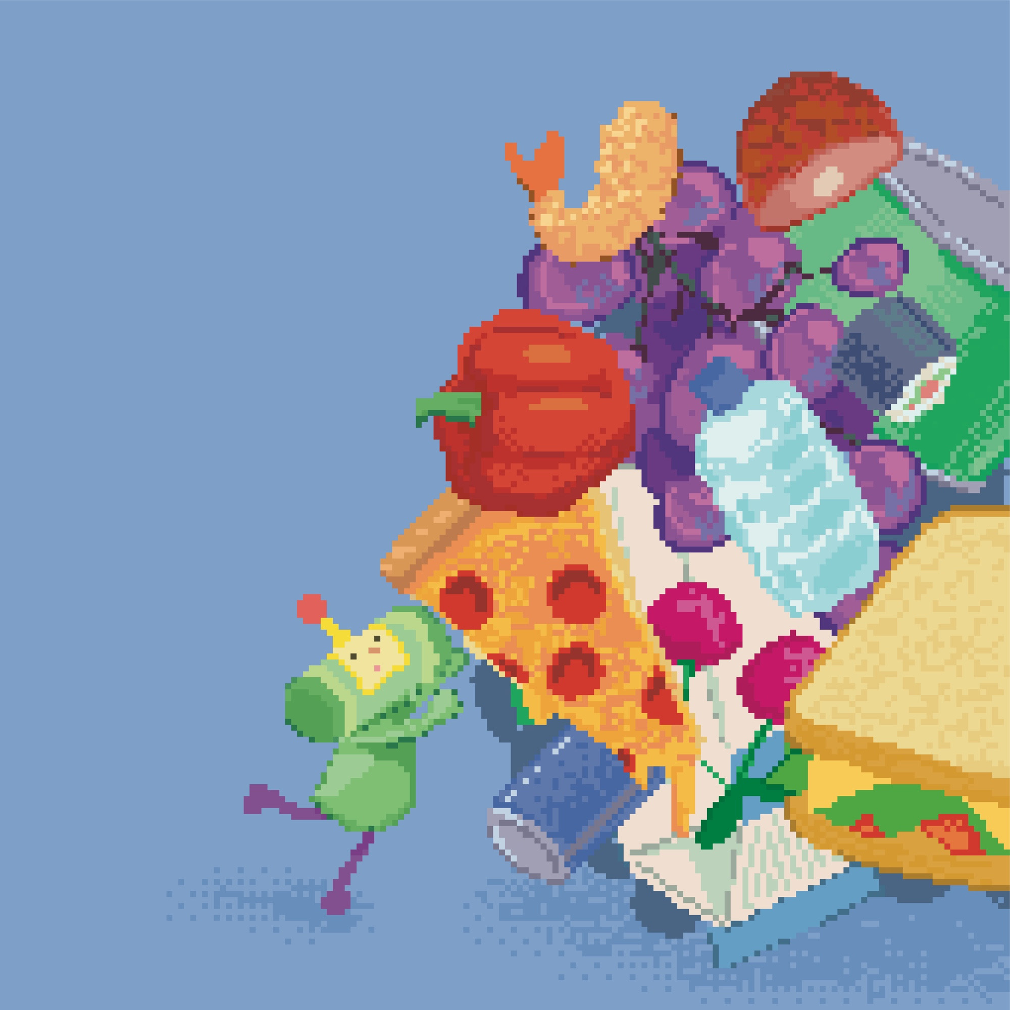 The prince from katamari rolling a ball of food in a pixel art style