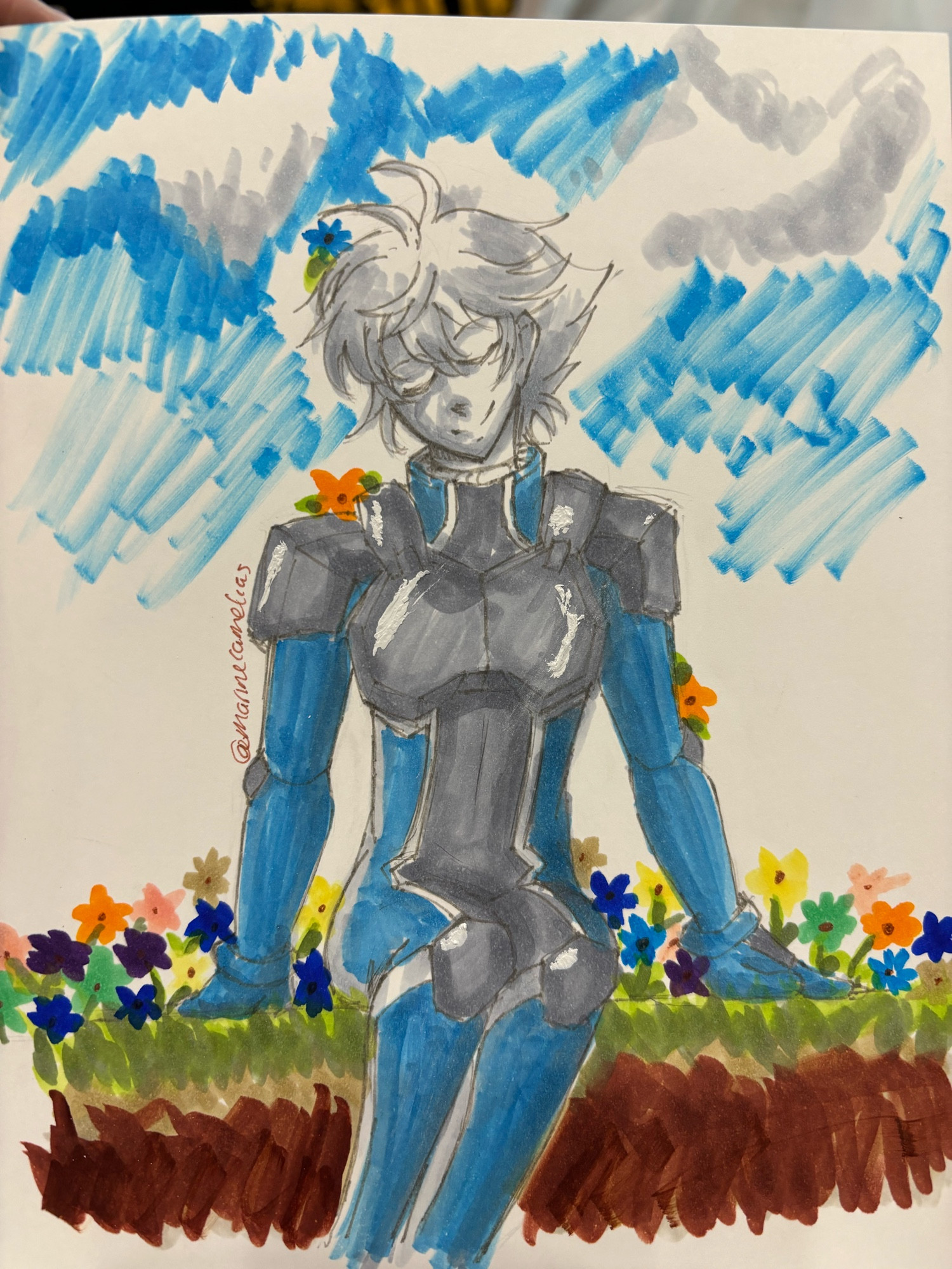 ELS Setsuna F. Seiei in a field of flowers. Drawn at ANYC’s Copic Booth in 2024.