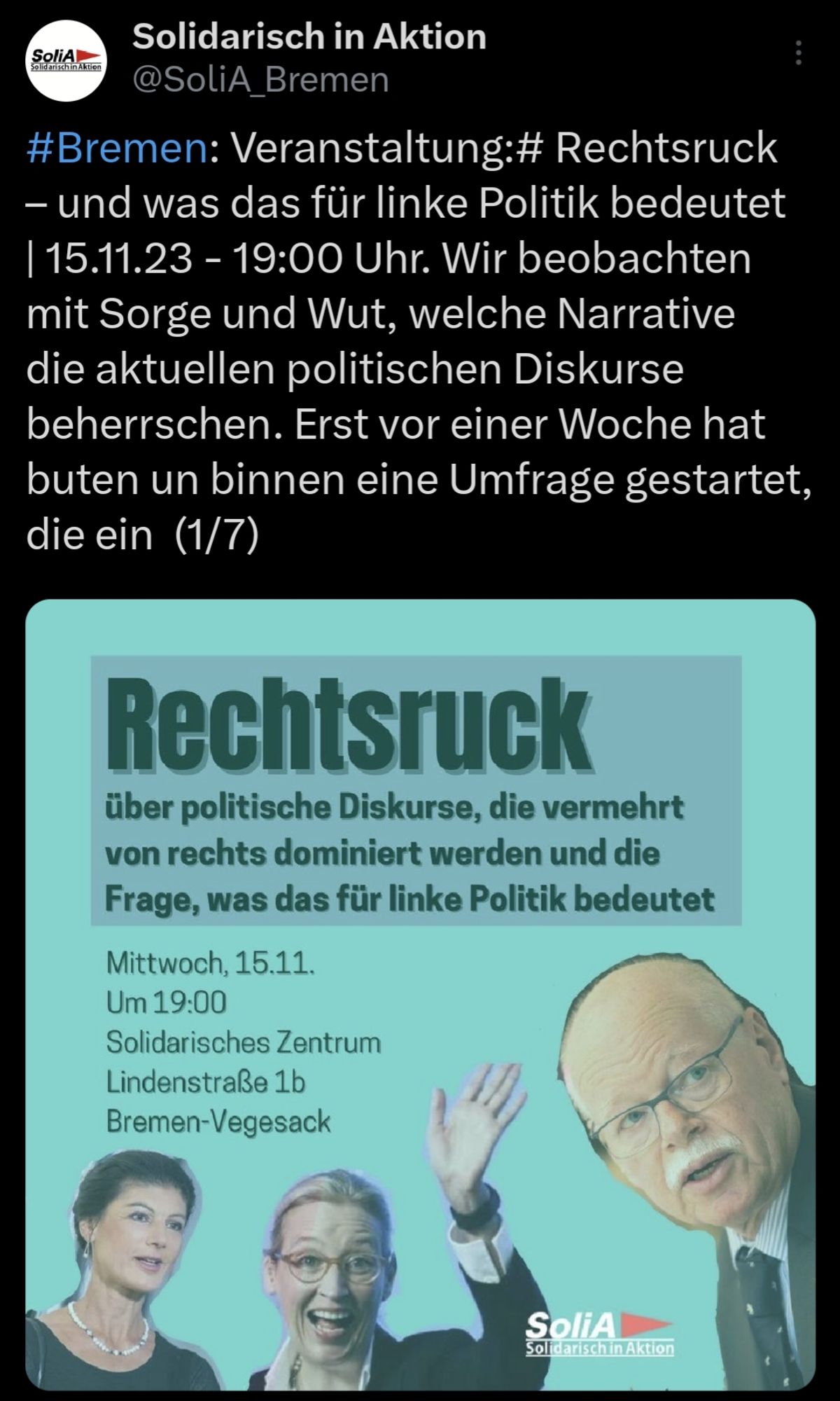 Veranstaltungseinladung: Rechtsruck – und was das für linke Politik bedeutet | 15.11.23 - 19:00 Uhr | Solidarisches Zentrum in Bremen Vegesack Lindenstr. 1b