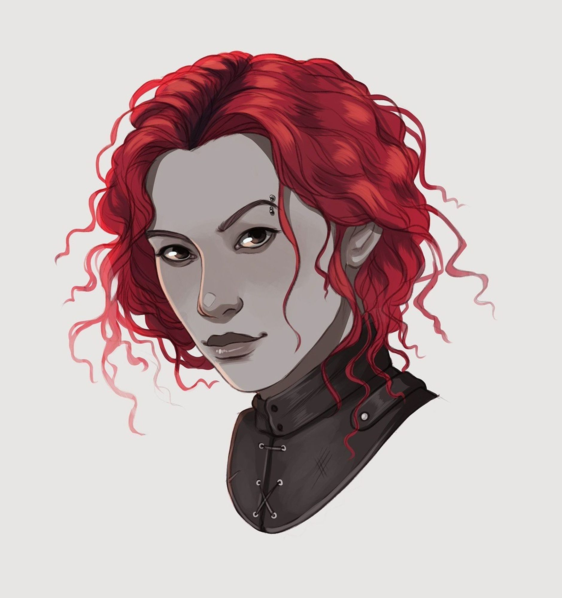 A color illustration of Rihva, a woman from the Shadow Plane with gray skin and wild red hair that is dark at the roots. She is wearing scuffed brown leather armor. Her expression is challenging, with an eyebrow raised. (Art by Rachel Denton)