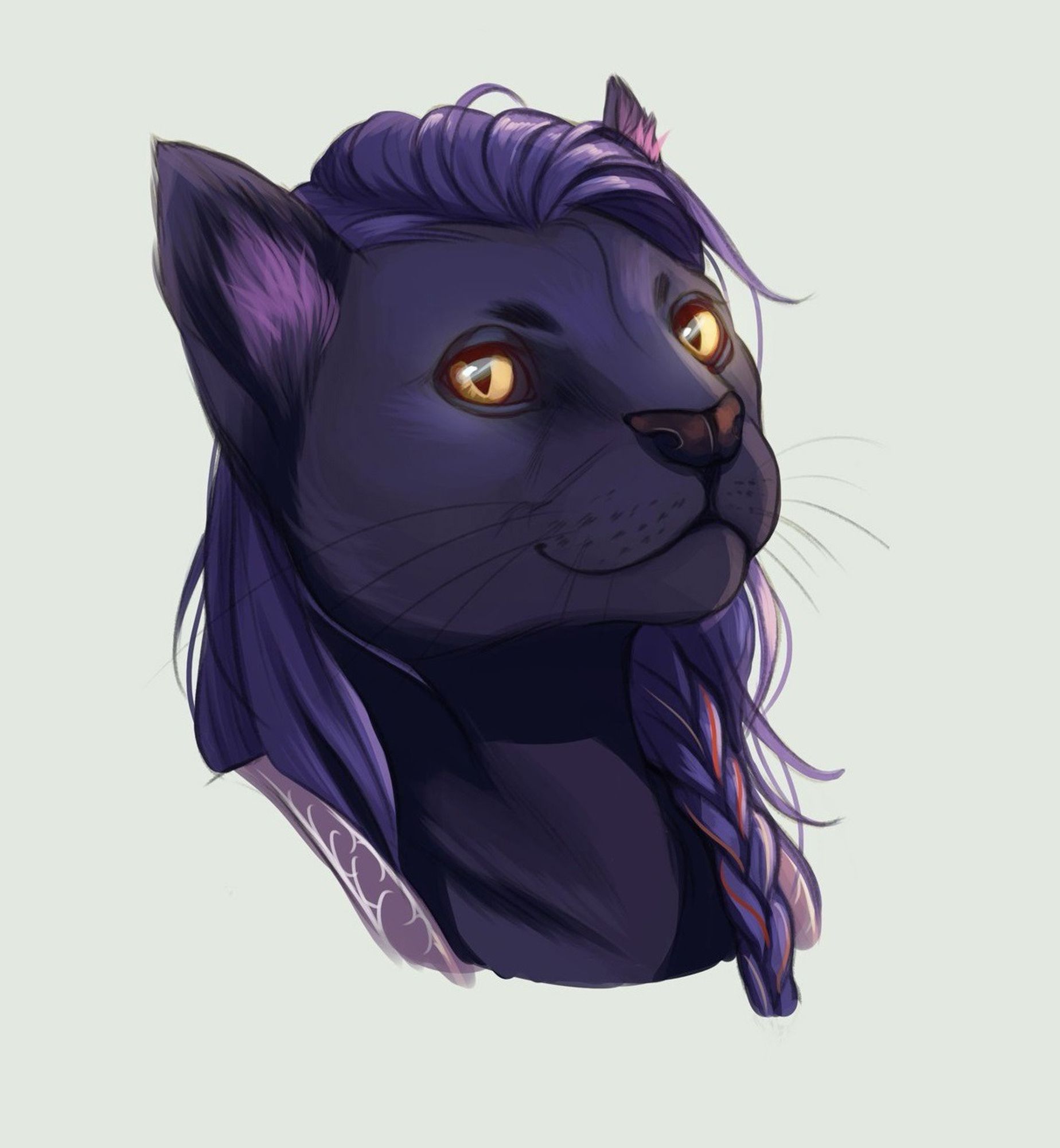 A color illustration of Ira, a purple catfolk with golden eyes. He has long, sideswept hair with a braid on one side. His expression is friendly and open. (Art by Rachel Denton)