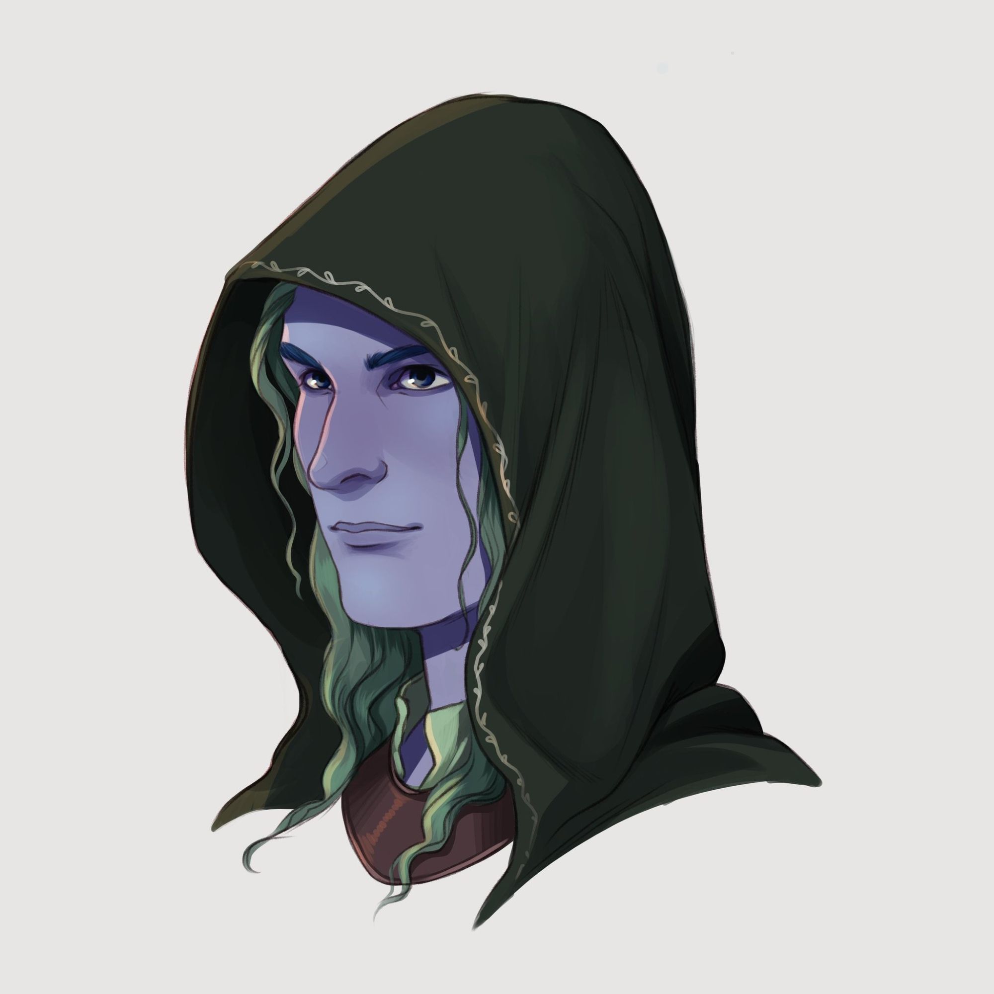 A color illustration of Tonreir, a pale blue half-elven man with shoulder-length green hair. He is wearing a forest-green cloak with the hood up. His expression is reserved and contemplative. (Art by Rachel Denton)