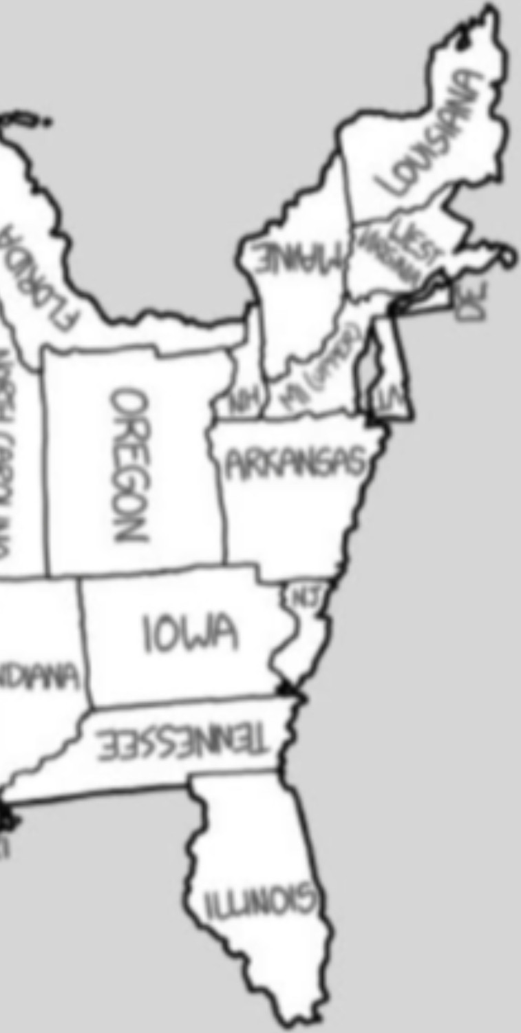 Map of reshuffled United States, that includes Illinois where Florida should be