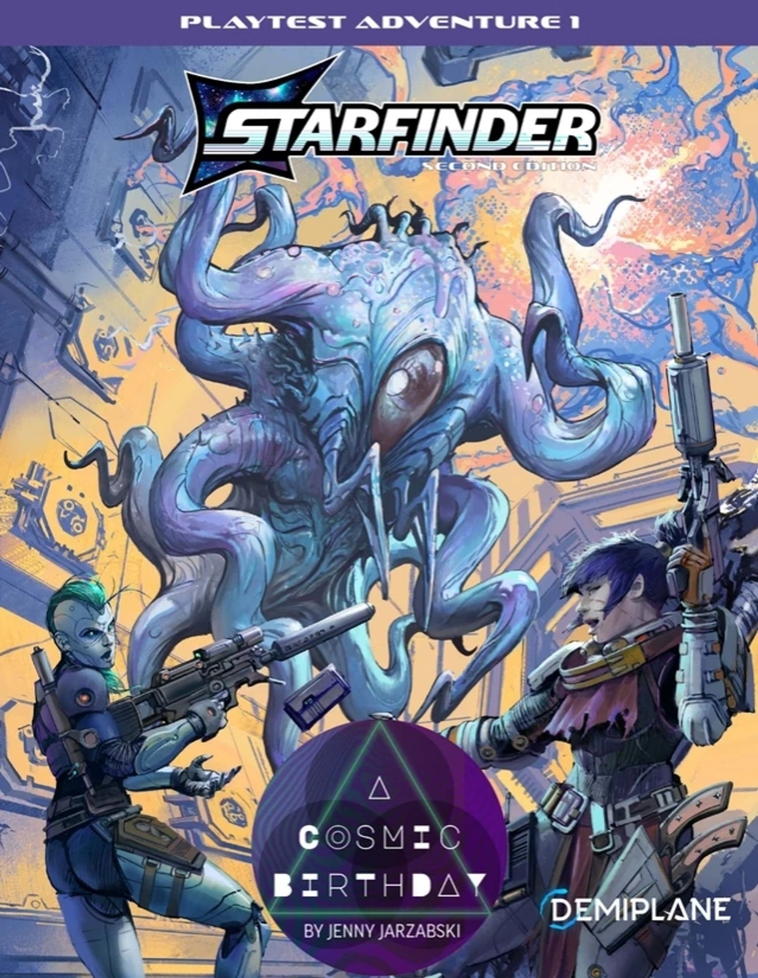 A cosmic birthday cover, with a tentacle alien attacking two people with guns