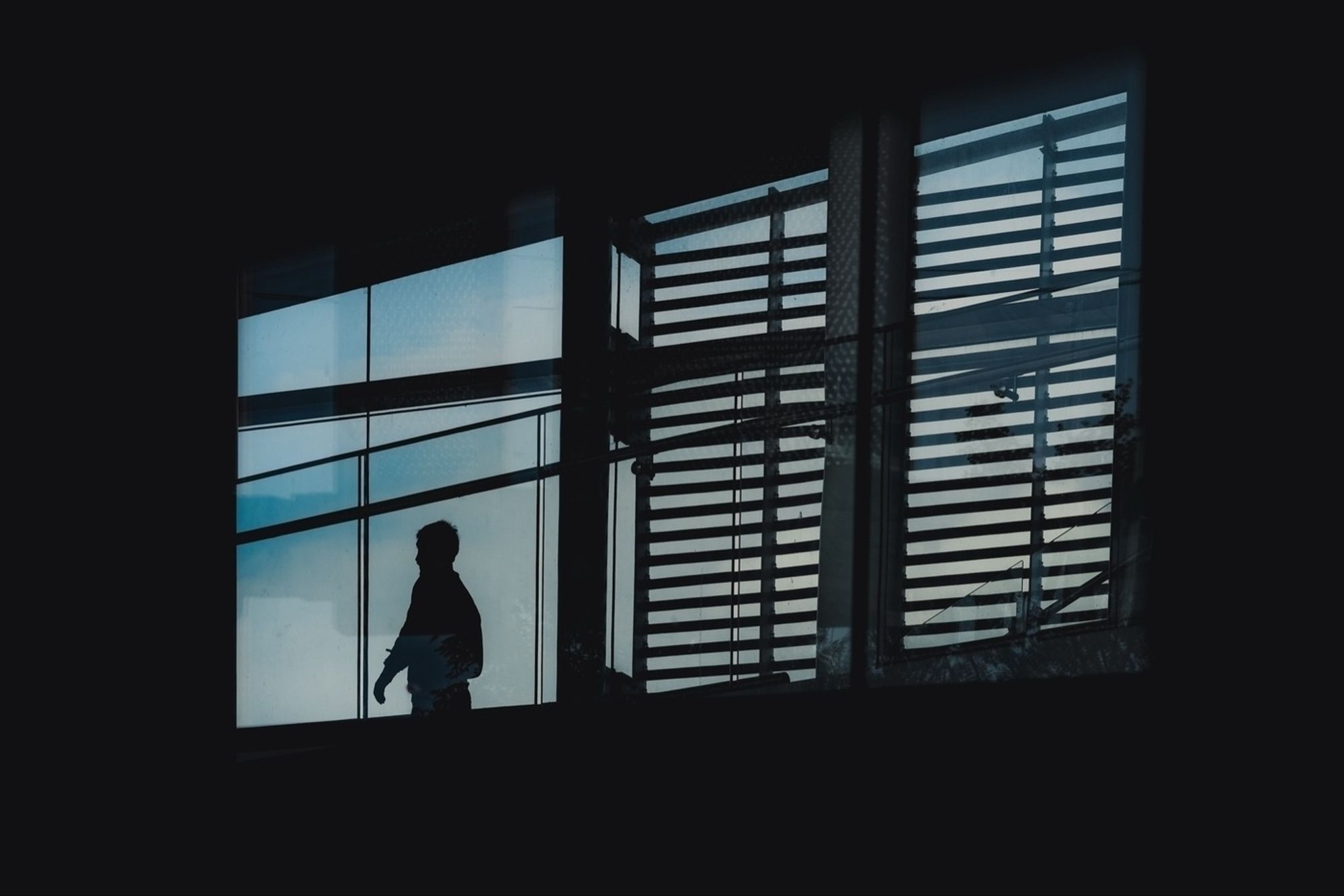 A silhouette of a person walking inside a building is visible against large windows. The windows feature horizontal bars, creating a pattern with natural light streaming in. The scene suggests a modern architectural interior.