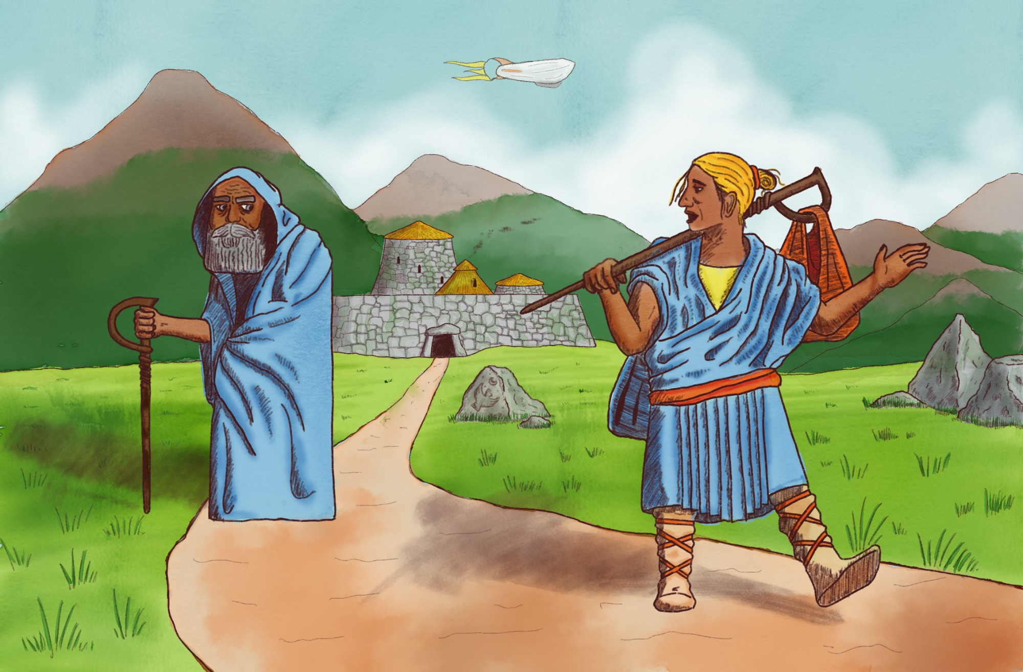 Digital watercolour image of a young person watching goodbye to their elder as they depart on a journey. Both figures have long cloaks, with the younger wrapped around with many folds, while the elder’s is wrapped more simply. Both figures also have canes, with the younger using it to carry a bundle over their shoulder and the elder using it as a walking stick. They stand on a path leading back to a cyclopean building, reminiscent of a Scottish broch. The whole scene is on a hilltop strewn with large rocks, one of which is carved with a cockatoo flying at nighttime, and a sweeping mountain range behind them. In the sky, an airship floats by, trailing sunshine-yellow banners behind it.