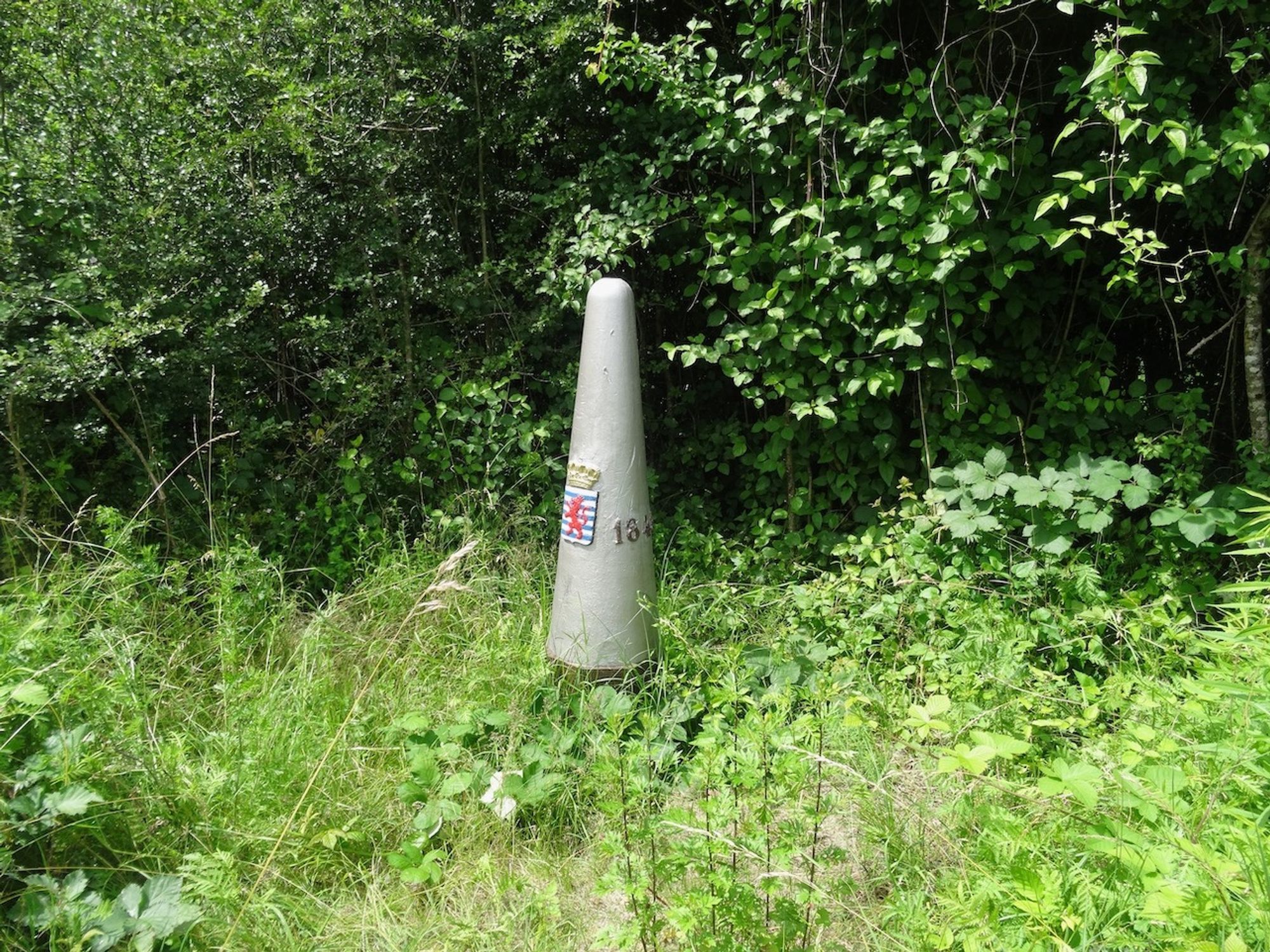 Dans un terrain assez vague, une borne du XIXè siècle un peu détériorée marque le tripoint entre les territoires de la Belgique, de la France et du Luxembourg.