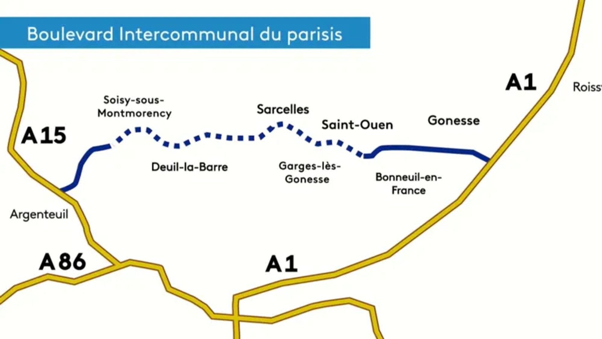 Tracé prévisionnel du "BIP" (Boulevard Intercommunal du Parisis) prévoyant de relier les #autoroutes A1 et A15 entre #Argenteuil et #Gonesse