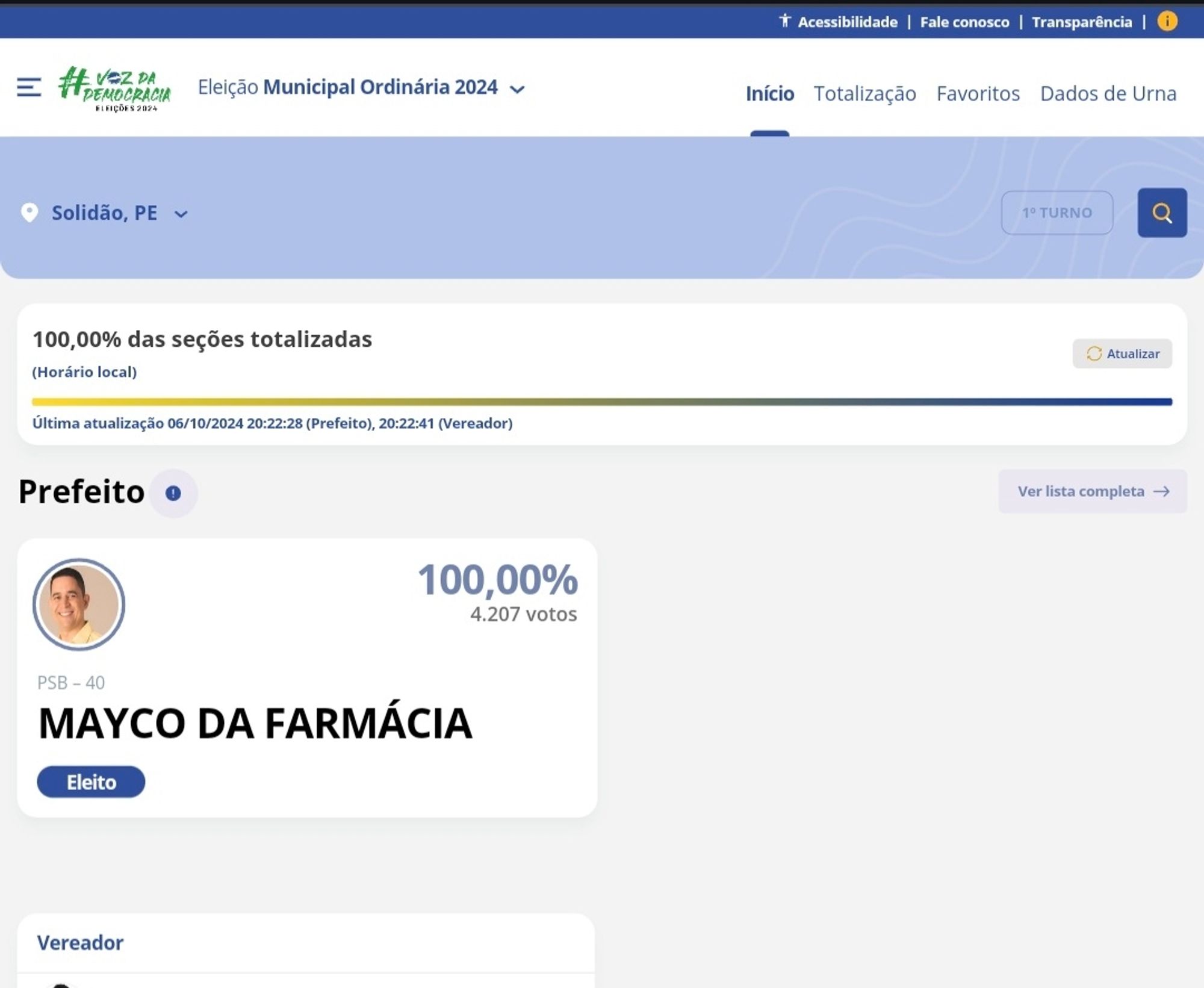 Print da página do tse mostrando um candidato a prefeito eleito no município de solidão Pernambuco. Mayco da Farmácia concorreu sem adversários políticos e obteve 4.207 votos