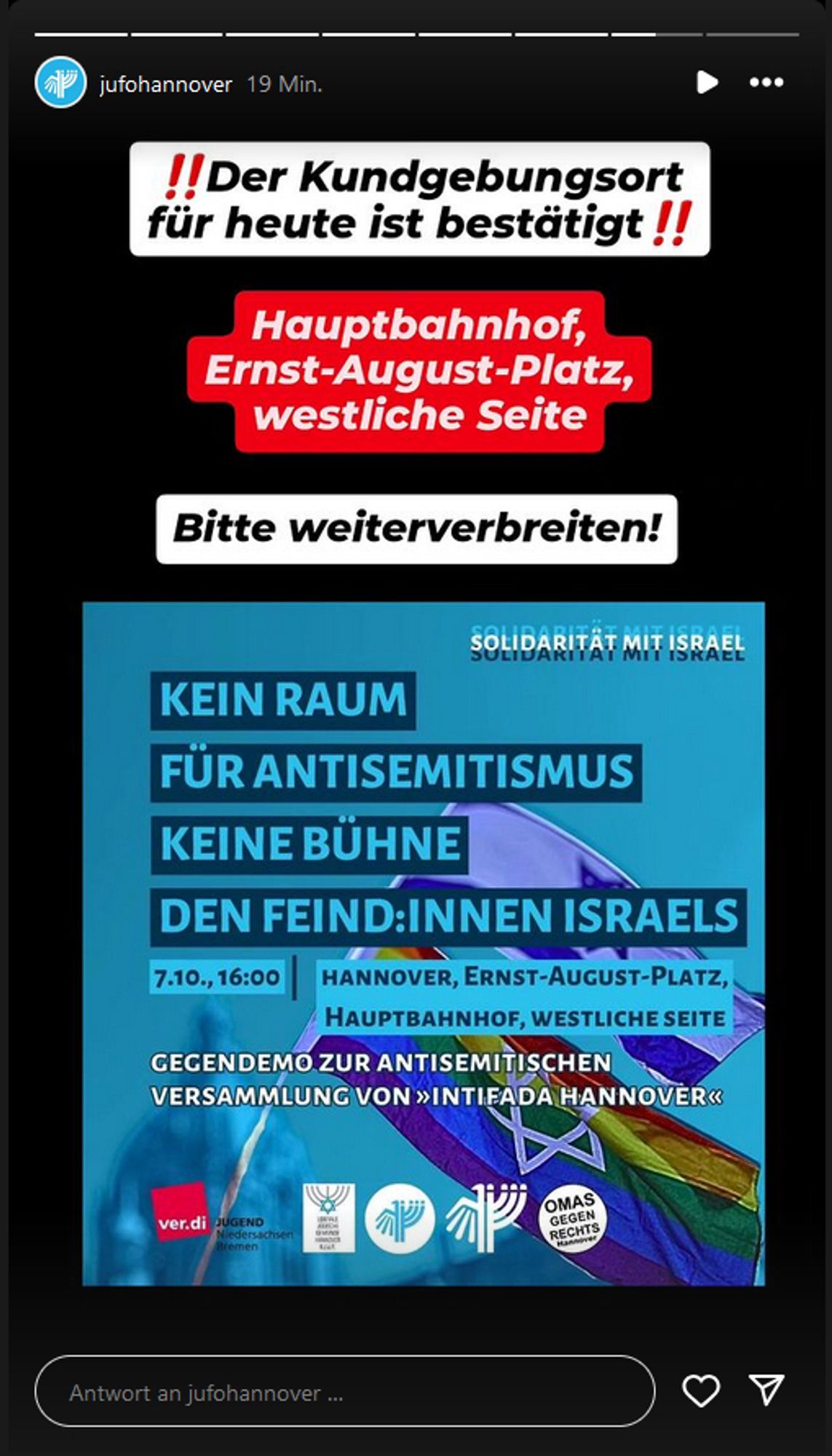 jufohannover auf Instagram: "Der Kundgebungsort für heute ist bestätigt.

Hauptbahnhof, Ernst-August-Platz, westliche Seite

Bitte weiterverbreiten!

Darunter das Sharepic aus dem ersten Post.