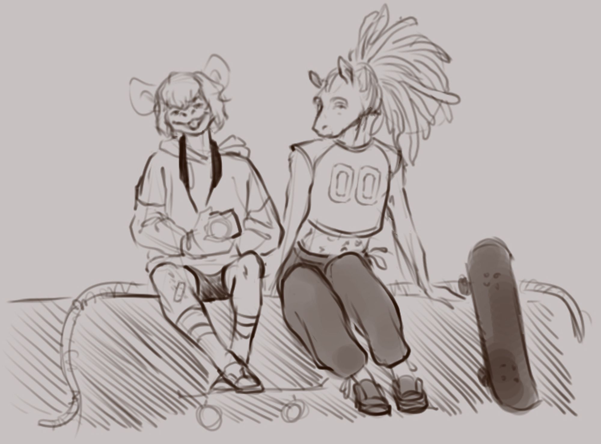 A mouse girl and rat boy sitting with their skateboards and looking at the viewer. The girl has on a baggy hoody, short tights, high socks, and converse and is holding a camera. The boy has on a croptop, harem pants, and skate shoes.