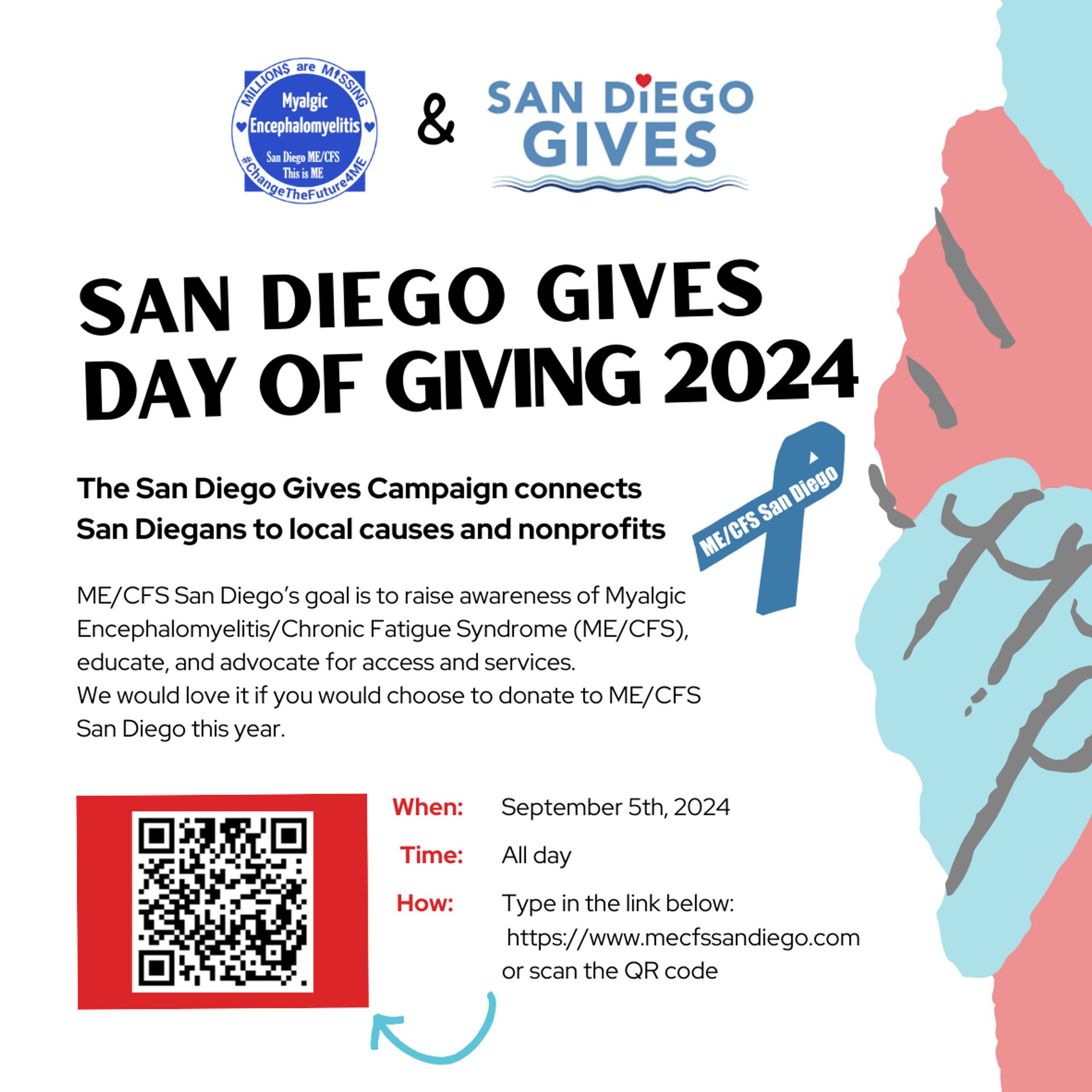 San Diego Gives and ME/CFS San Diego's Day of Giving is Thursday, September 5, 2024. To learn more, please go to our website https://www.mecfsSanDiego.com - ME/CFS San Diego's goal is to raise awareness of Myalgic Encephalomyelitis/Chronic Fatigue Syndrome (ME/CFS), educate and advocate for access and resources for patients.  We would love it if you would choose to donate.  Picture features clasped hands and a blue ribbon inscribed with ME/CFS San Diego