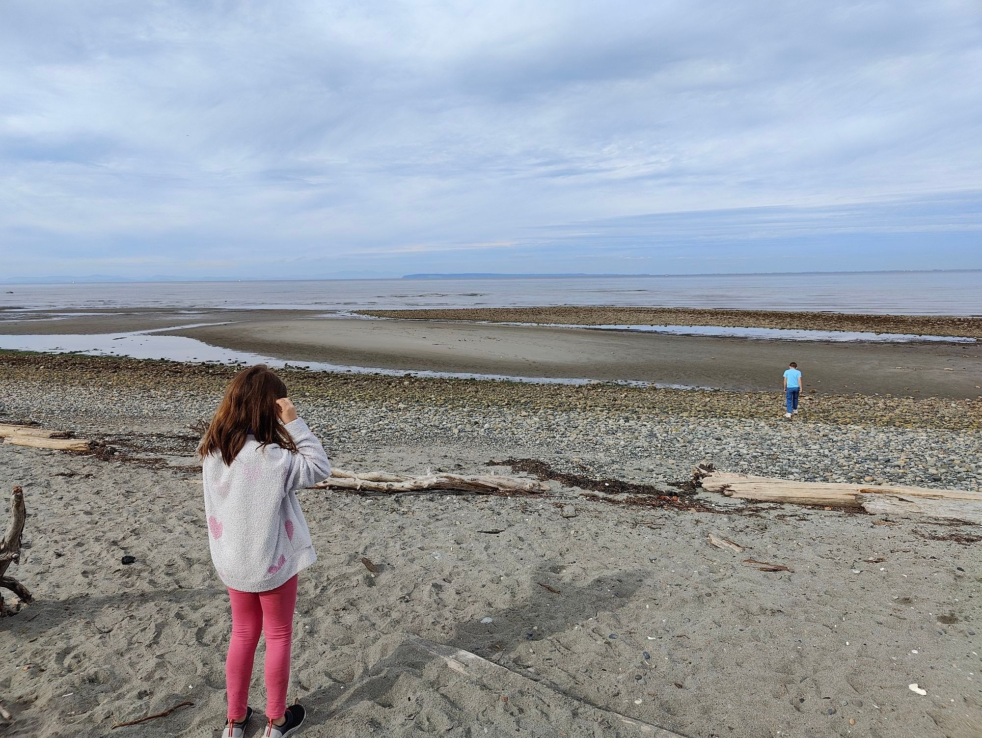 Brown haired 9 year old she/they in pink leggings and an oversized grey sweatshirt looks towards their brother in the distance on a Pacific northwest beach at low tide