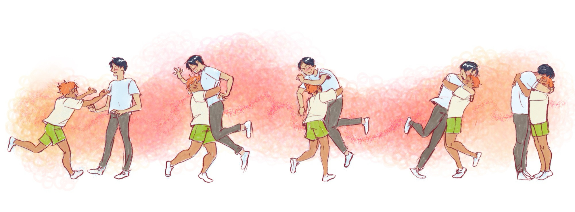 A sequence of drawings depicting hinata shoyo running up to kageyama tobio and spinning him around.