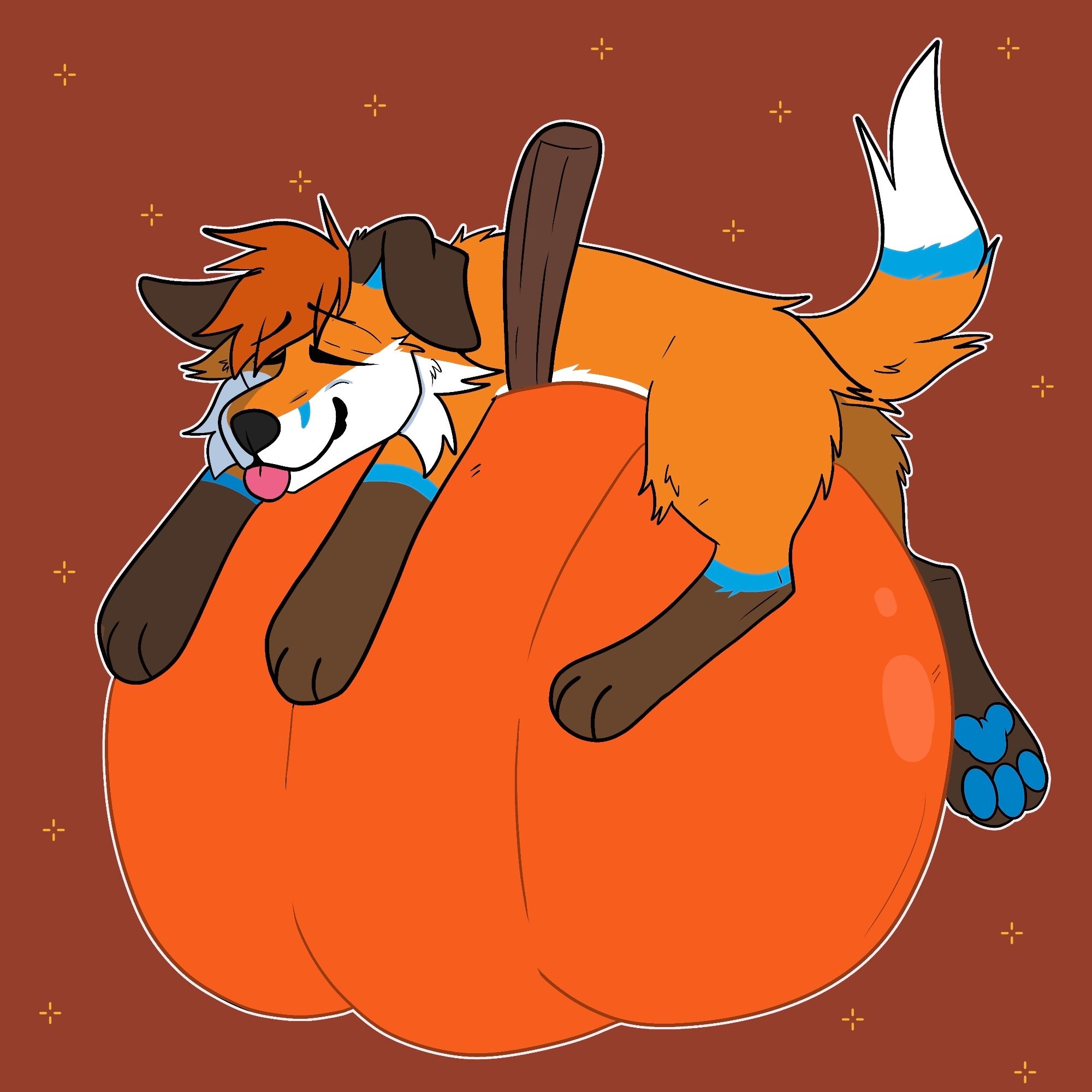 Feral Phenix laying on a big pumpkin with his eyes closed and a small blep