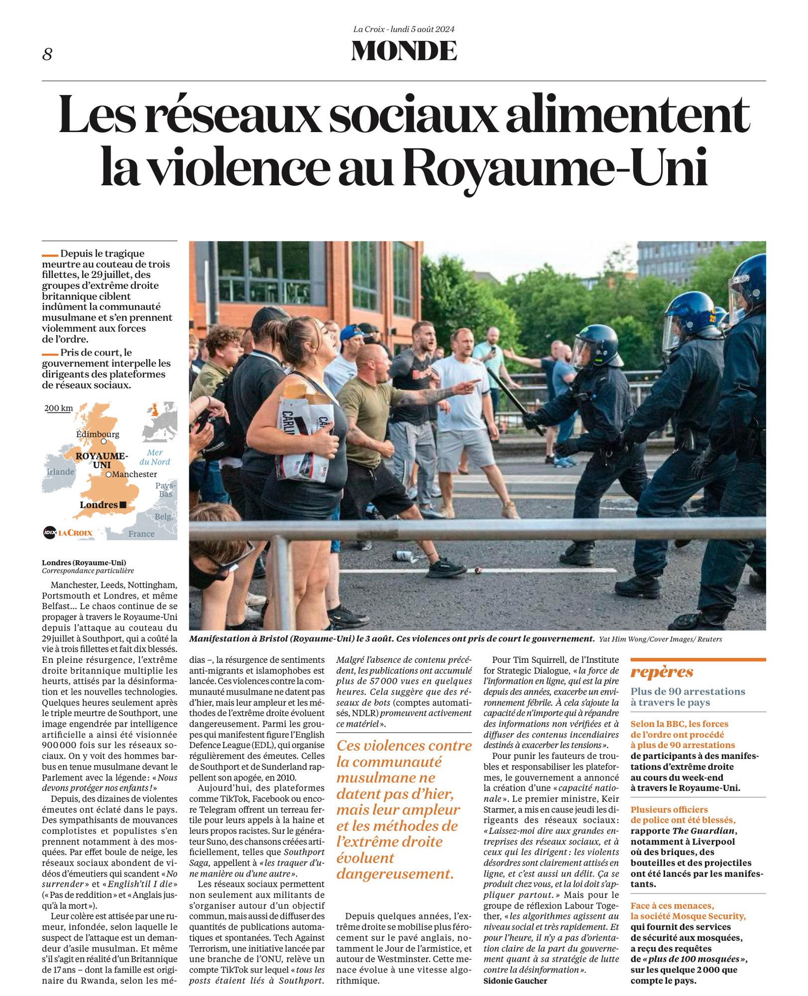 Article La Croix "Les réseaux sociaux alimentent la violence au Royaume-Uni"