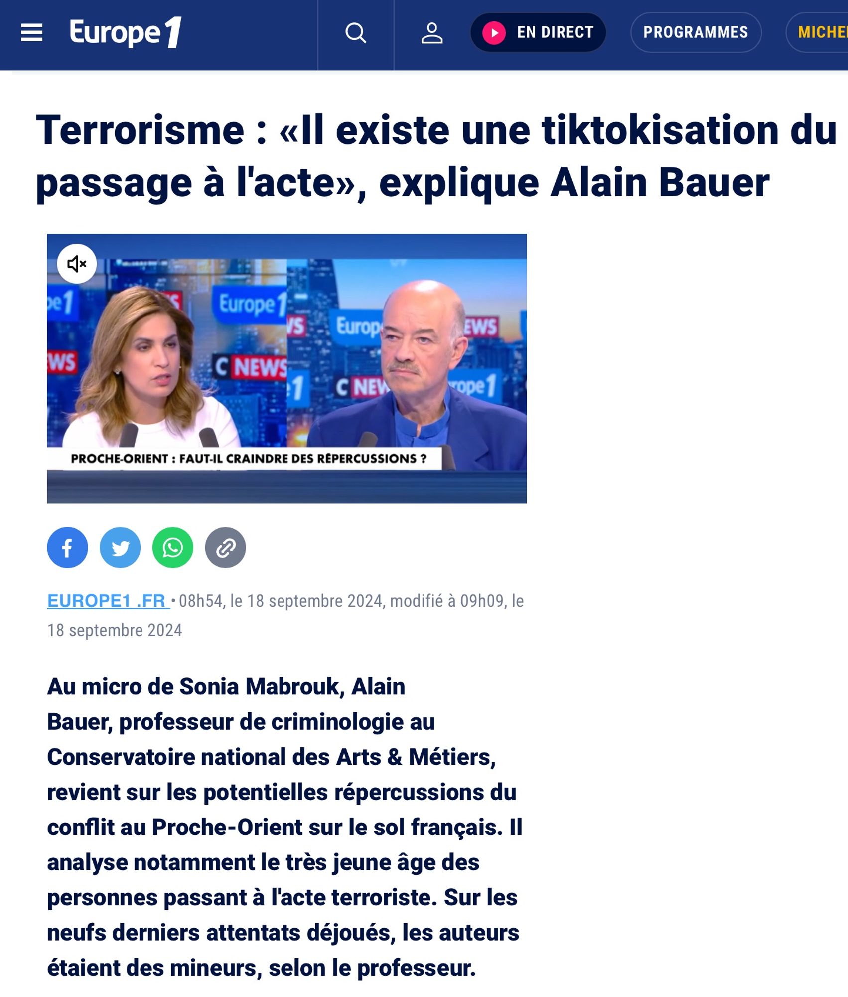 Terrorisme : «Il existe une tiktokisation du passage à l'acte», explique Alain Bauer sur Europe 1