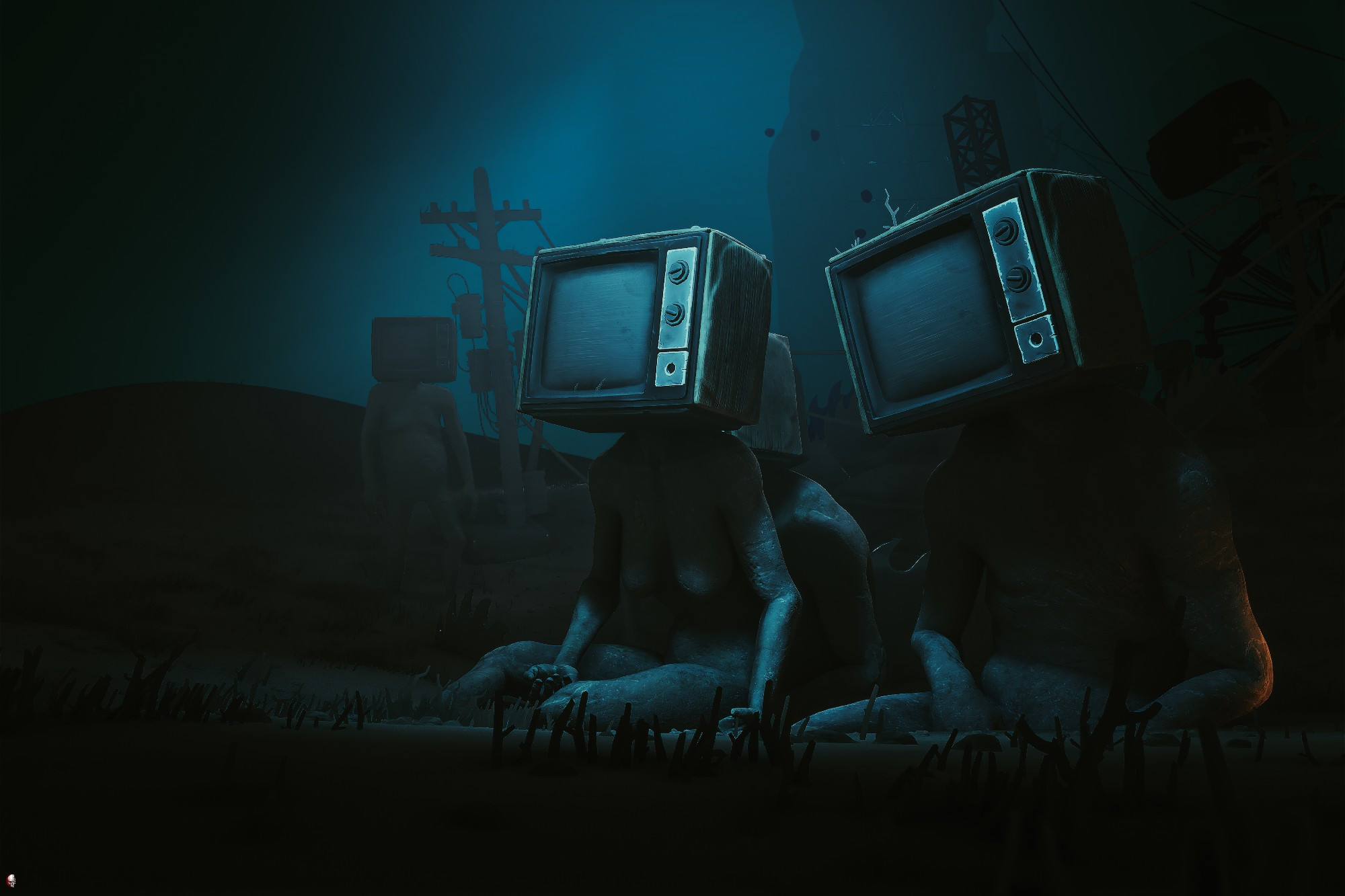 2 humanoid figures sitting on the ground with Tv's for heads