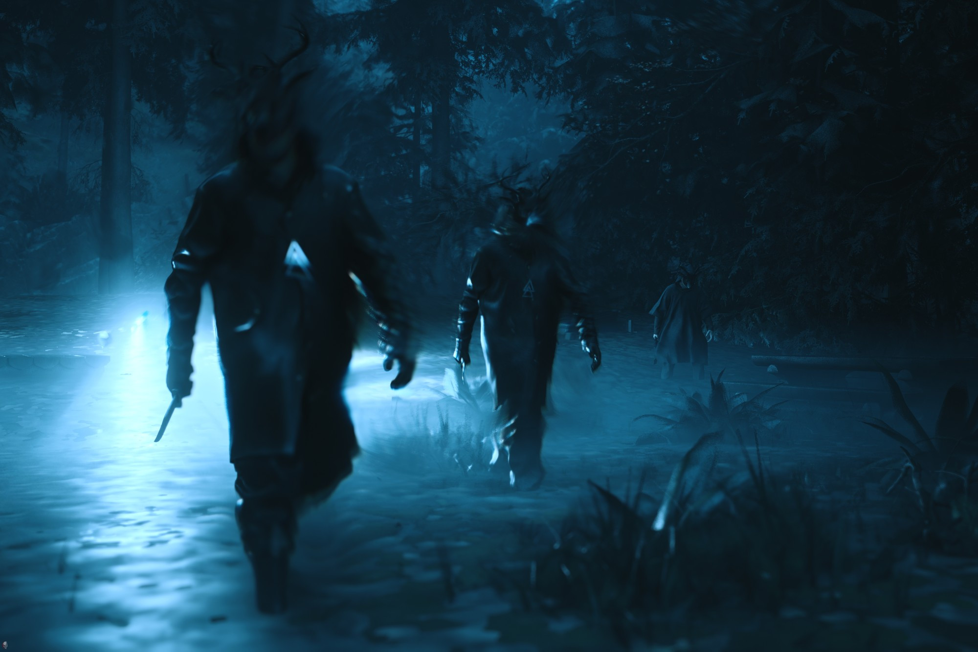 3 cult of the tree members slowly walking forward in a bluely lit woodland area, a light fills the fog that rests behind them as they walk adding atmosphere to the scene.