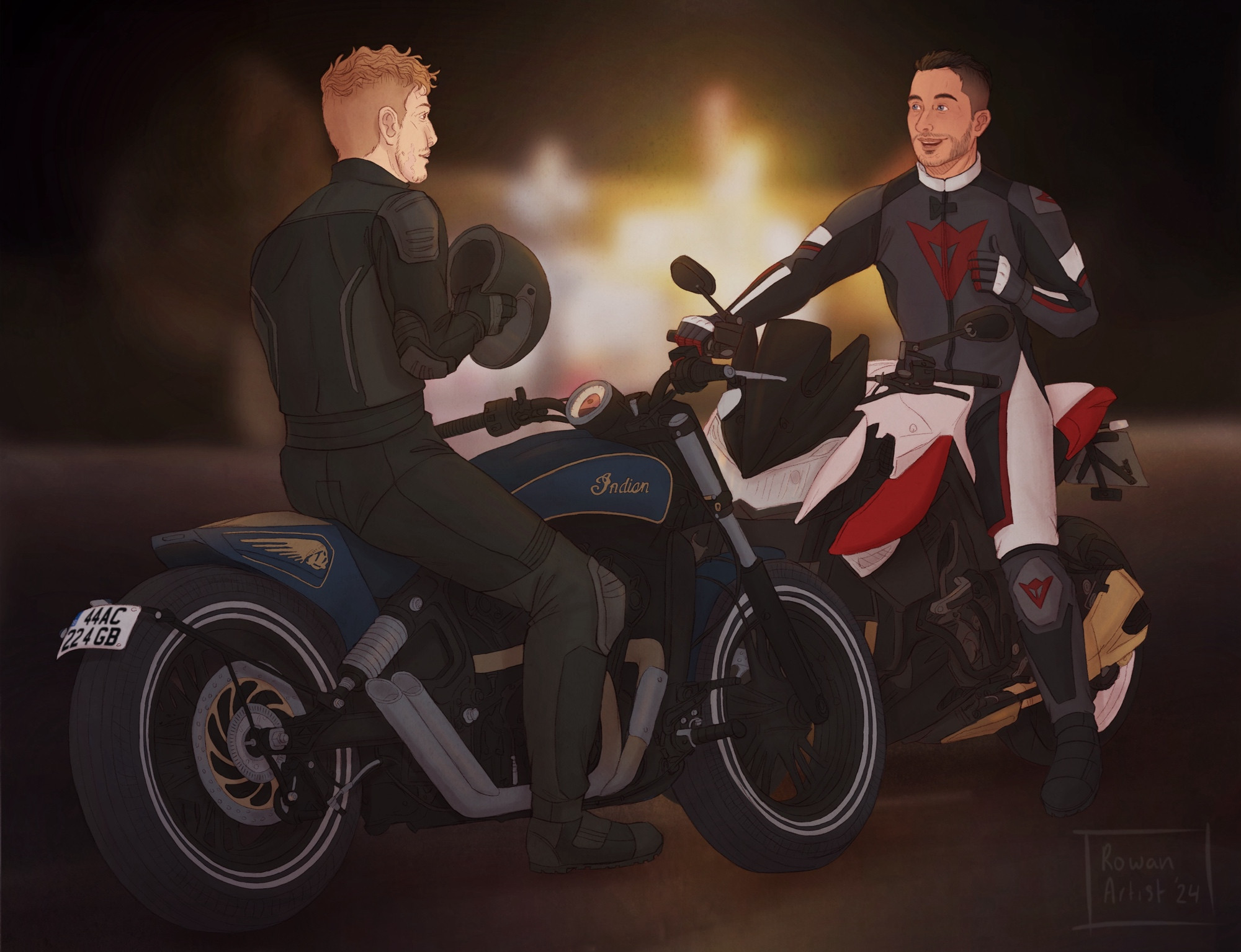 An illustration of Ghost and Soap both on (parked) motorcycles. Ghost is with his back to the viewer, wearing a black and grey suit and holding his helmet in his hands as he’s smiling at Soap. His bike is a more classic one. Soap is across from him, gesturing at something over his shoulder. He’s wearing a white, red and grey suit and is driving a sports bike.