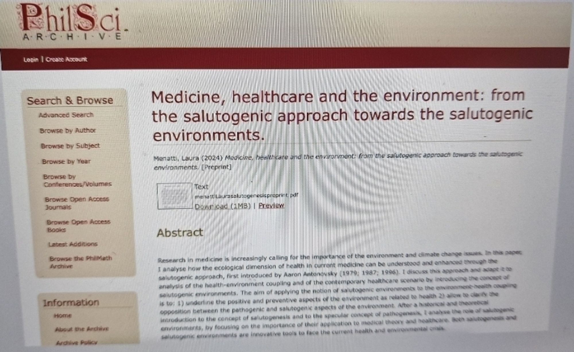 Slide that shows the preprint on the PhilSci Archive "Medicine, Healthcare and the environment: from the salutgenetic approach towards the salutogenetic environments"