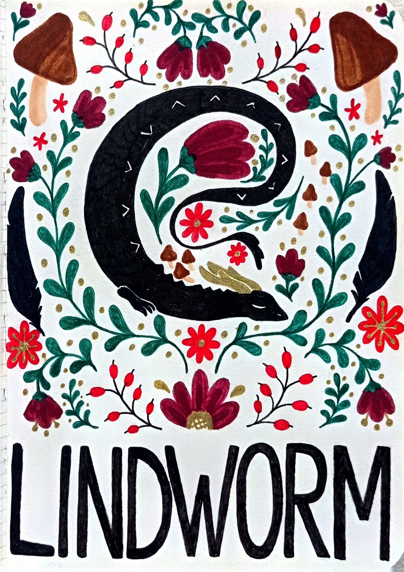 folk drawing of a golden horned lindworm sleeping among flowers, mushrooms, berries and scandinavian motifs. below it reads, in big letters: LINDWORM