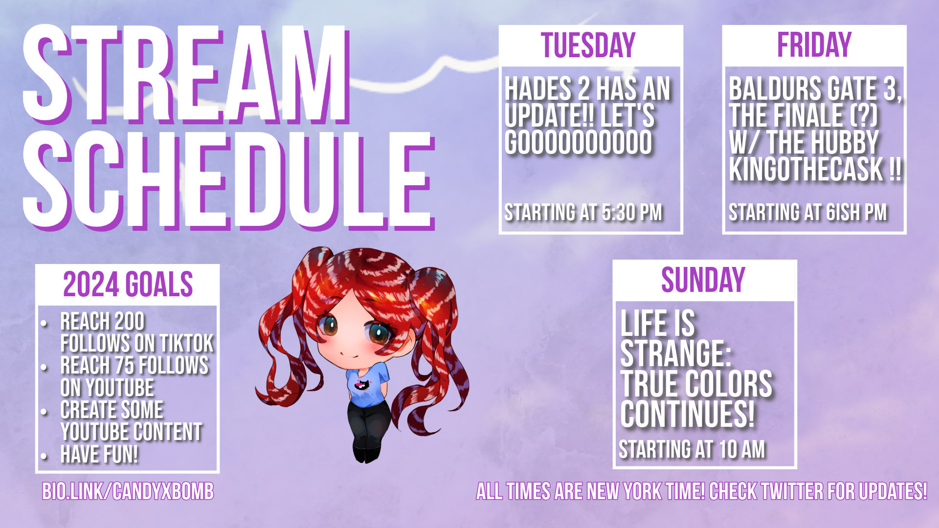 Streaming schedule for the week of October 21st. A stream on Tuesday to play the Hades 2 update, Friday is the finale of the evil run of Baldurs Gate 3 w/ husband Kingothecask on Twitch. Sunday is another chapter of Life is Strange True Colors. Goals are also listed on this schedule for Tiktok, Youtube, and having fun. 