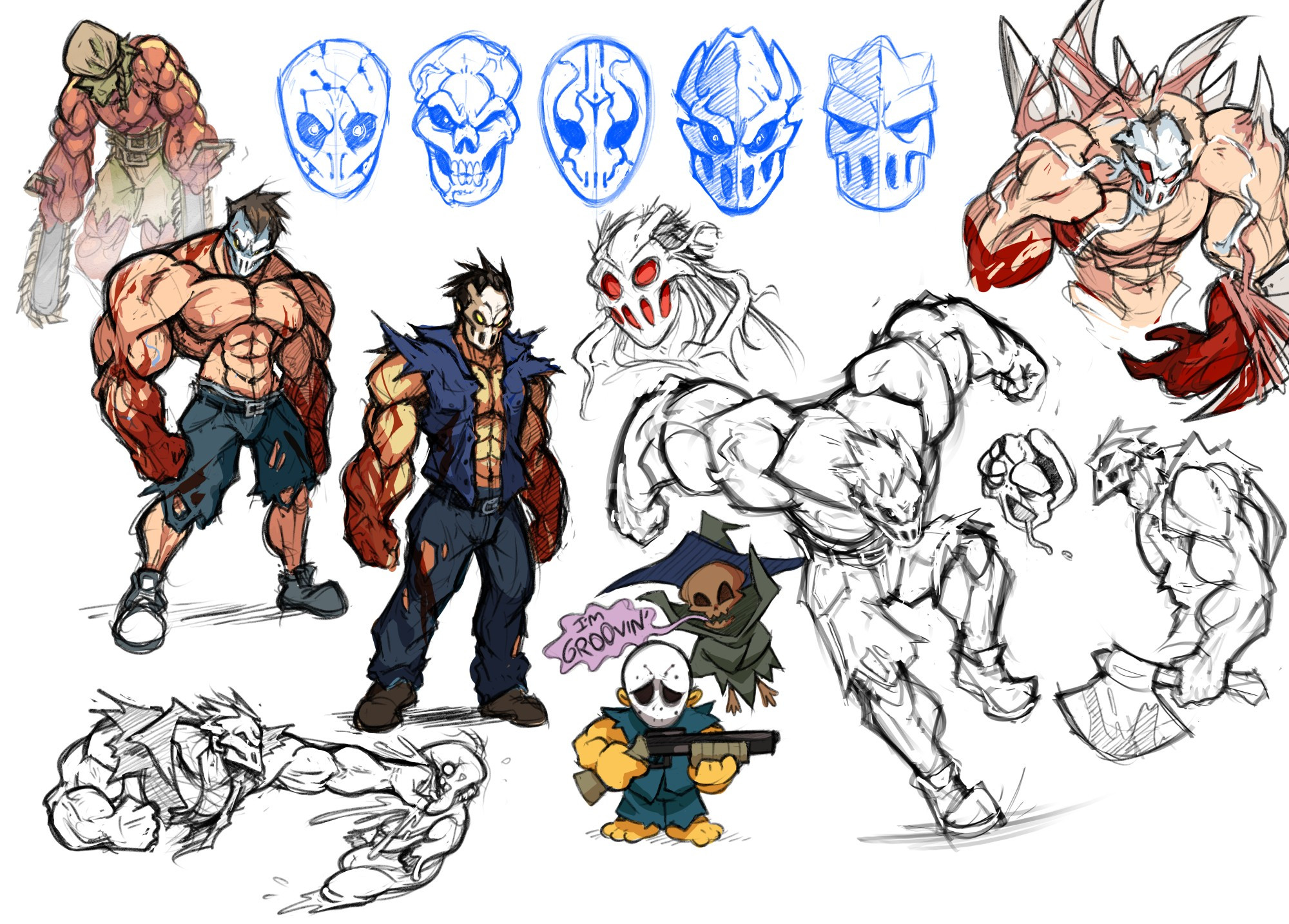 various drawings of Rick and other characters from Splatterhouse