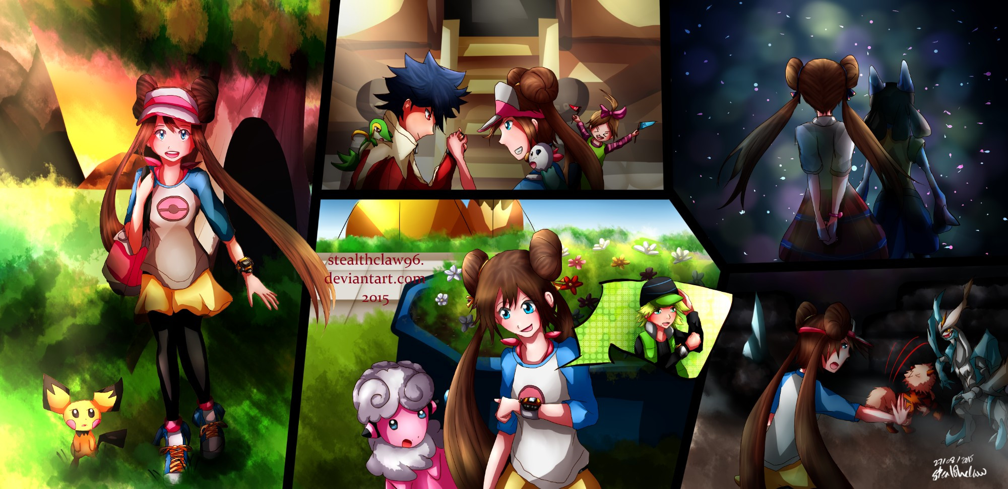 Pokemon fanart. Depicts the protagonist, a girl named Rosa, at various points in her story, including planning to challenge a battle facility, competing with her friend and rival, meeting an unknown future friend via a phone call, acting in a movie, and battling against a legendary dragon Pokemon. 