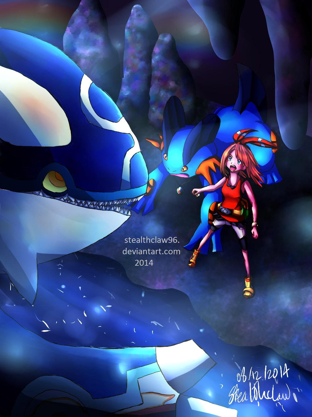 Pokemon fanart. A girl and her Swampert (a big aquatic creature) encounter Kyogre, an ancient large whale Pokemon, in the depths of an ocean cavern.