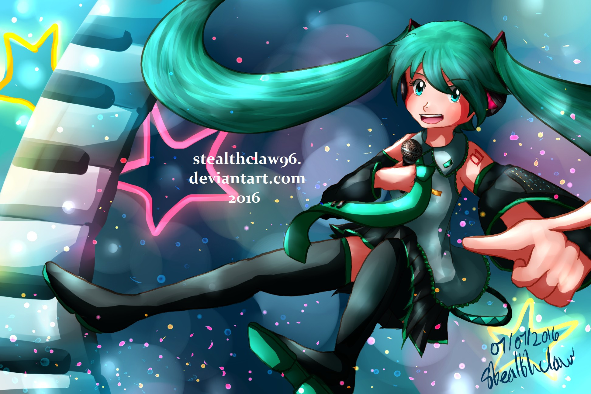 Hatsune Miku, a virtual idol, floats in the air, surrounded by neon stars ans piano keys. She points to the viewer with one hand and holds a microphone with the other.