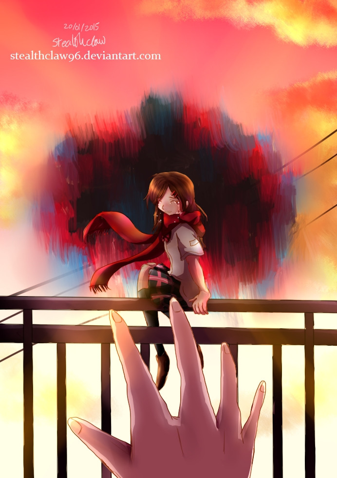 A crying girl with brown hair and a red scarf sits on a railing as a portal opens up behind her. From first person point of view, a hand reaches out to her. The sky behind her shows that it is evening time.