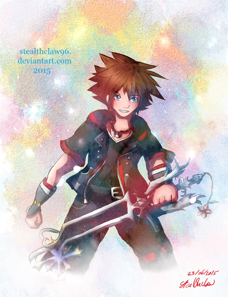 Sora, the protagonist of Kingdom Hearts, holds his weapon, the Oathkeeper keyblade in front of him. This keyblade has a snowflake-like blade at the end and angelic wings on the guard. He is surrounded by soft pastel colours that evoke a dreamy feeling.