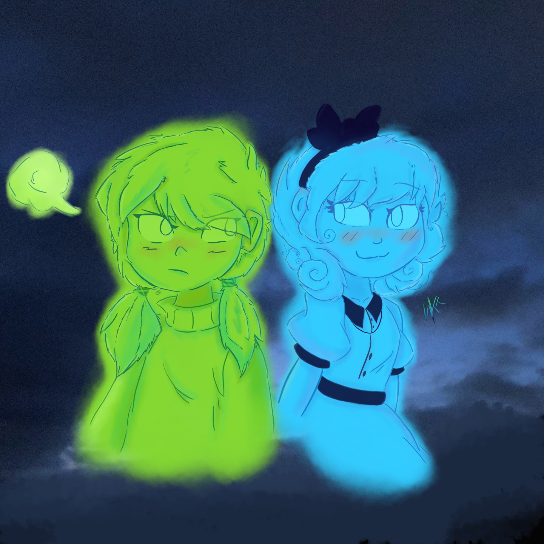 In this art piece we have the two main characters from a Nicktoon called Making Fiends! On the left is Vendetta a green girl with green pigtails wearing a green sweater who seems to be blushing yet upset? at the blue girl on her right. While the blue girl on the right named Charolette (wearing a blue and black button down dress with a black bow upon her curly blue locks) who’s dawning an all knowing yet innocent look towards Vendetta.